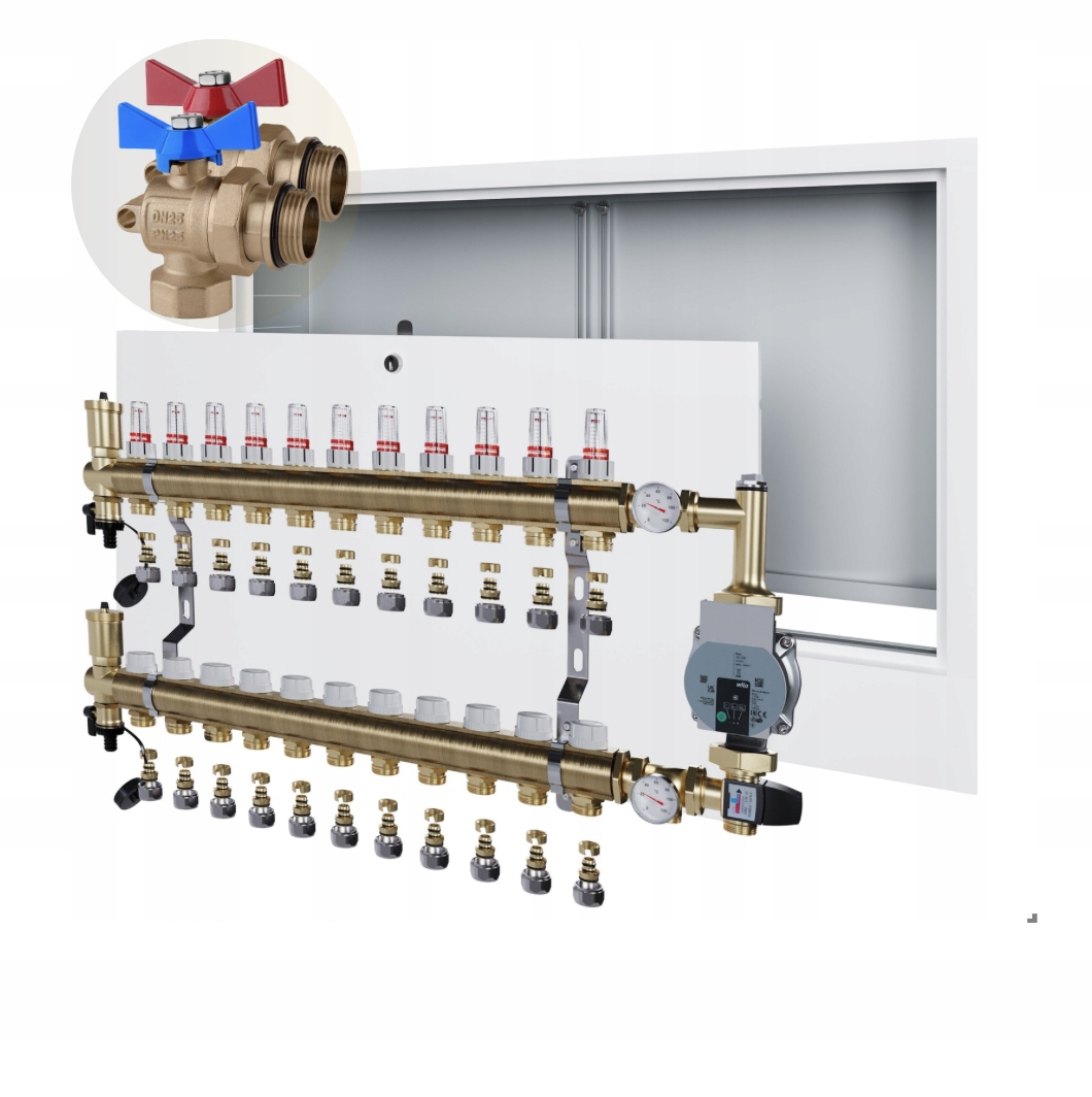Rozdělovač podlahového vytápění 11 Podomítková skříňka+WILO+PEX+KULOVÝ Ventil