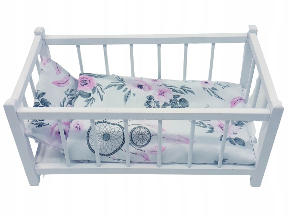 BIAŁE DREWNIANE ŁÓŻECZKO DLA LALEK + POŚCIEL 3 elementy