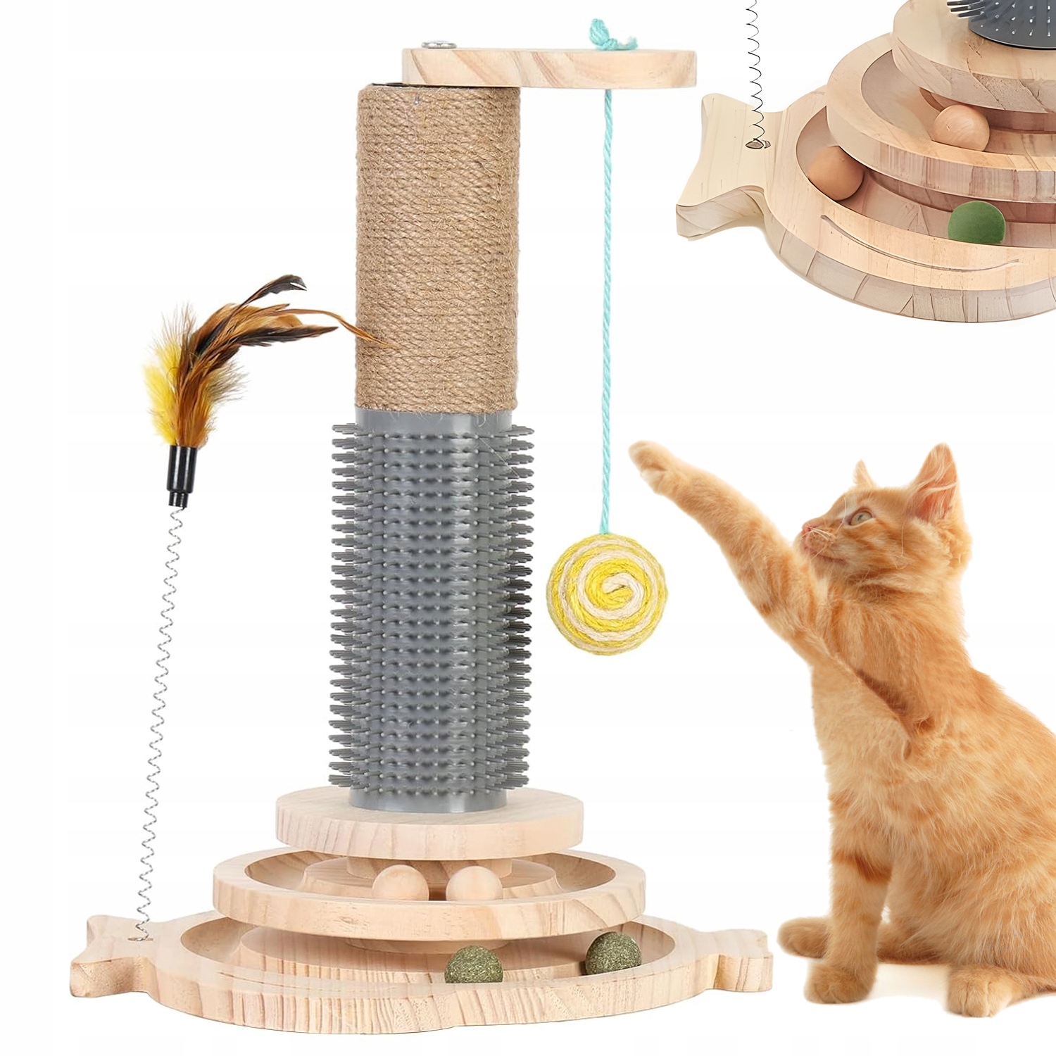 Levně Škrabadlo Sloupek A Hračka Interaktivní Pro Kočky S Míčky A Peřím 5V1