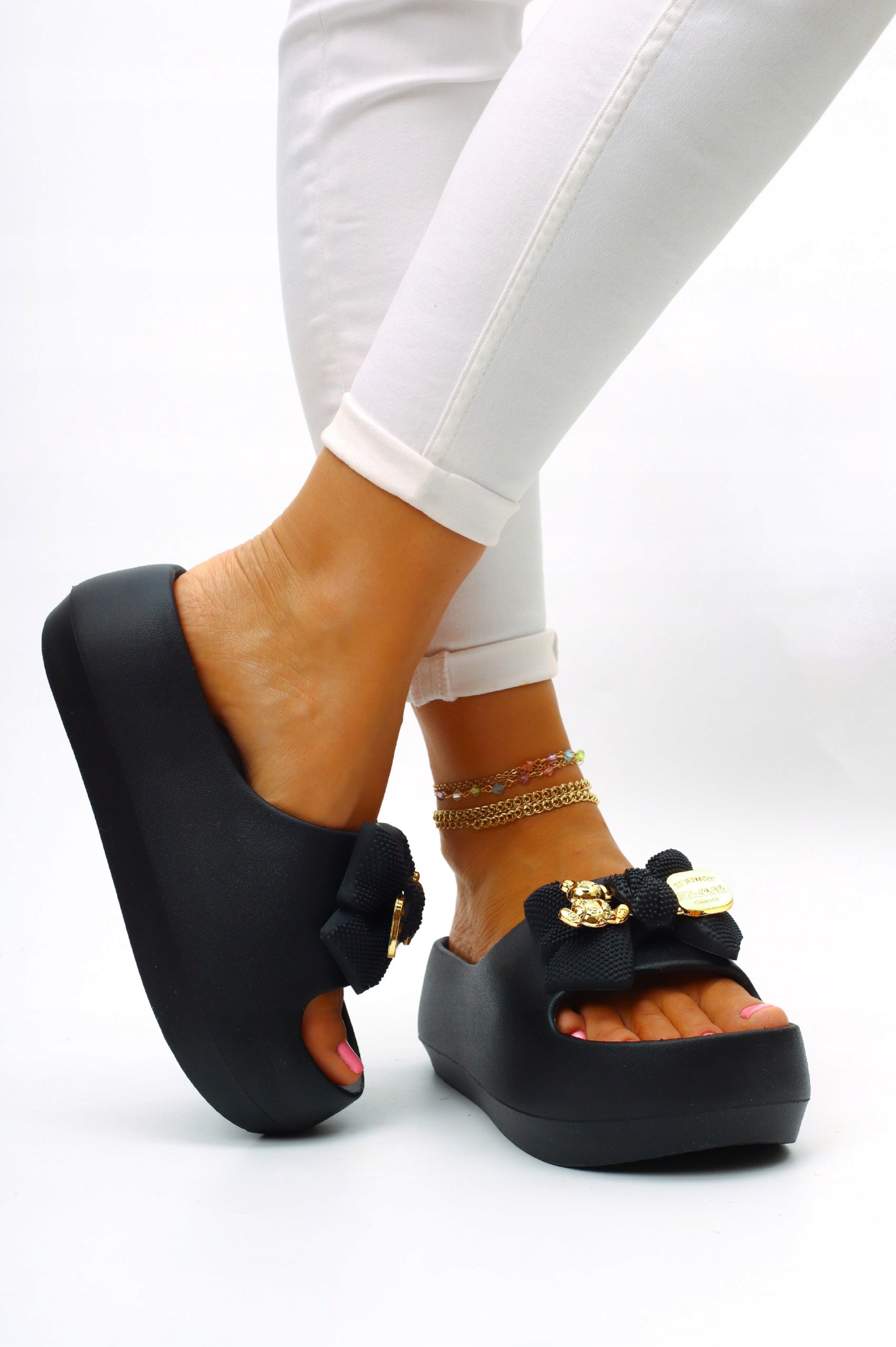 DAMSKIE KLAPKI CZARNE PIANKA KAPCIE LEKKIE WYGODNE PLATFORMA Materiał wkładki pianka