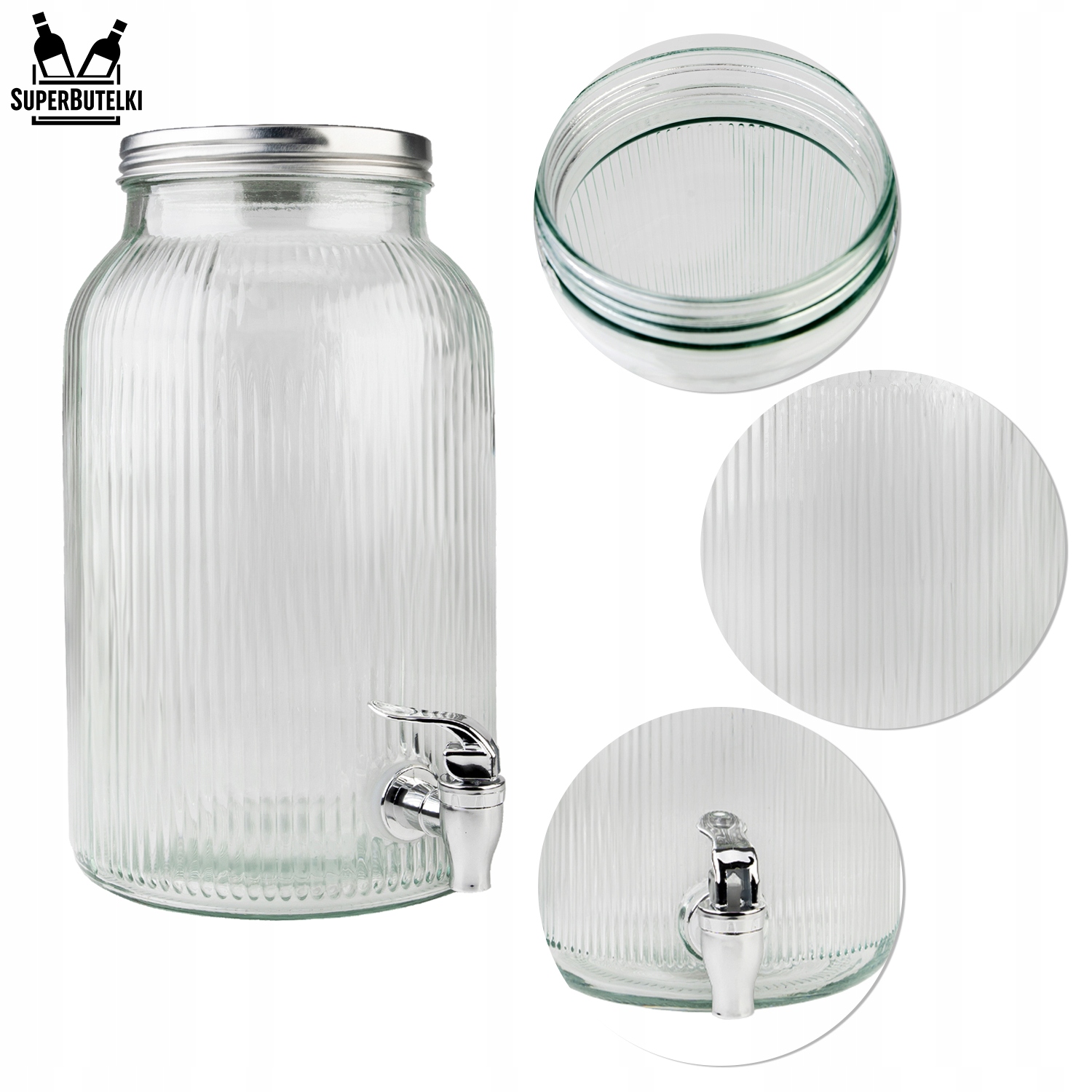 RYFLOWANY SŁÓJ Z KRANIKIEM 6L NA WODĘ SOK LEMONIADĘ NAPOJE DYSTRYBUTOR WODY Linia Słój 6000ml + Kranik RYFLOWANY