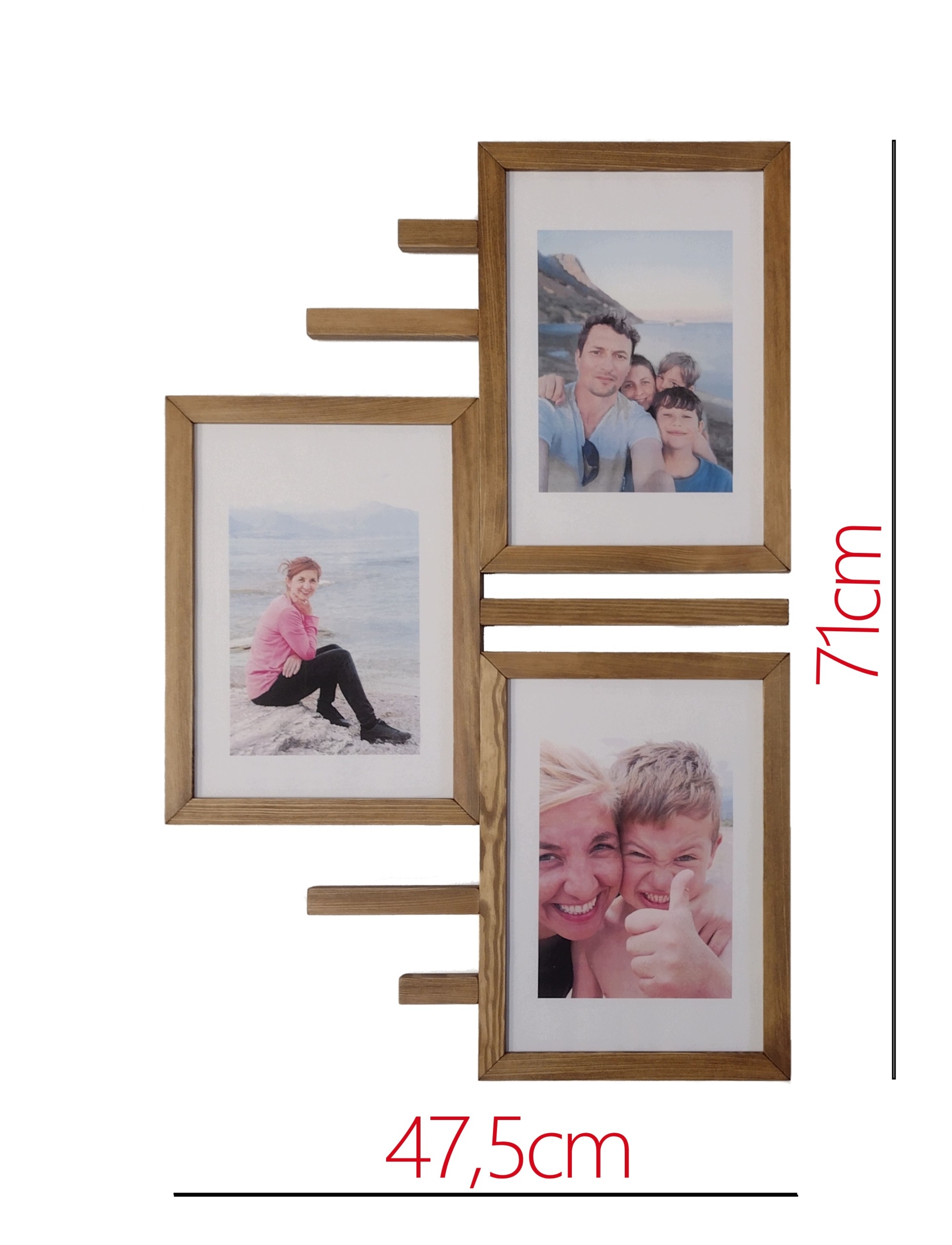 Dřevěný multirám na 3 fotografie A4 21 x 29,7 cm, šířka 47,5 cm, výška 71 cm Rámeček Foto