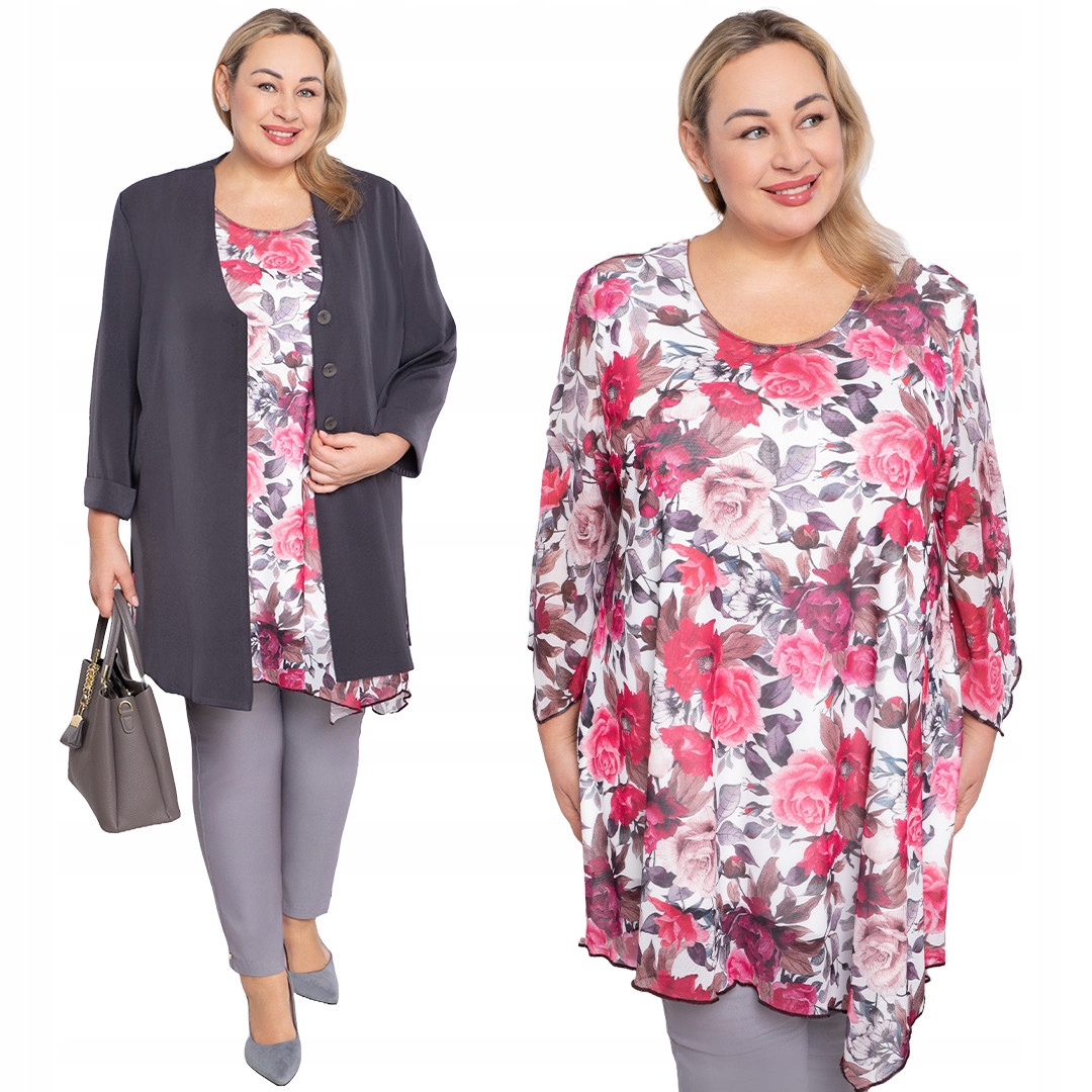 Bílá šifonová tunika s růžovými květy 48/50