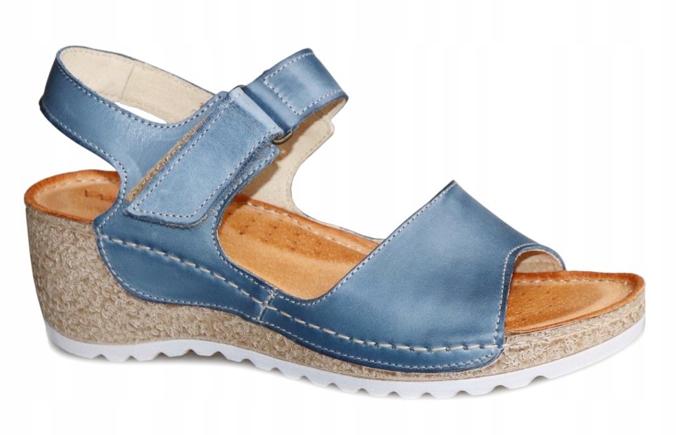 

niebieskie skórzane sandały na koturnie Wasak 0474