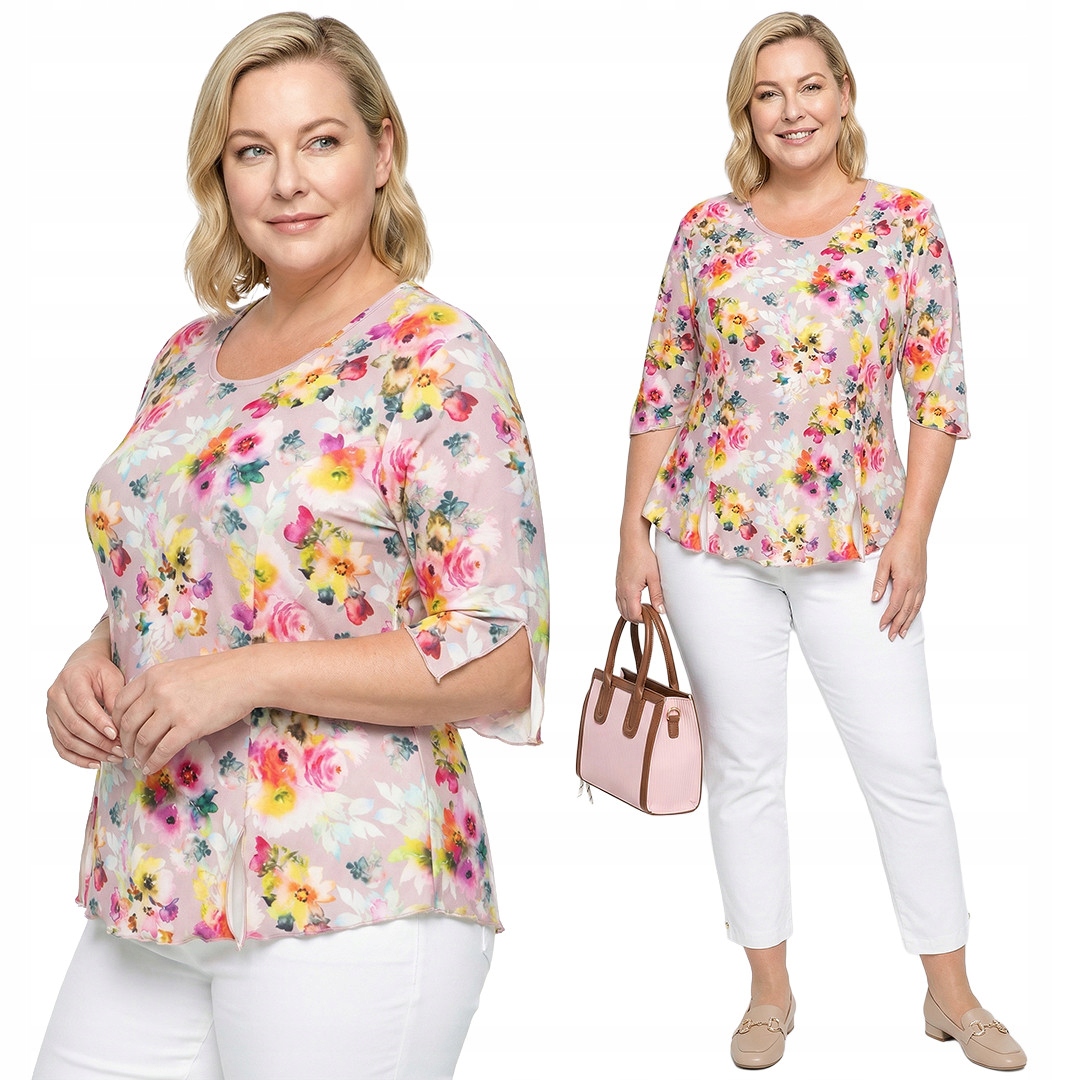 Světle růžová halenka s barevnými květy a velikostí velikost 60/62