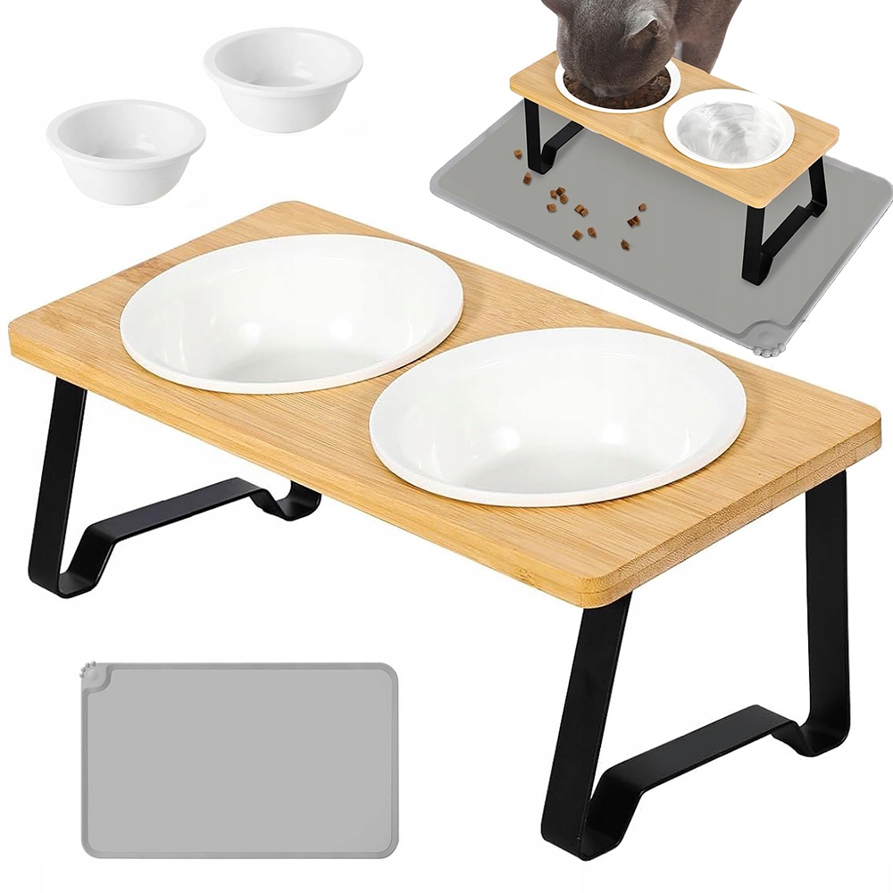 Levně Ergonomická Miska Pro Kočky Keramická S Bambusovo-kovovým Rámem