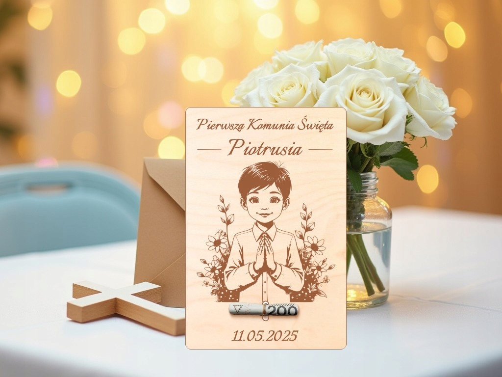 DARČEK NA SVÄTÉ PRIJÍMANIE, SUVENÍR PRE CHLAPCA, POHĽADNICA OD STARÝCH RODIČOV, GRAVÍROVANIE, ŽELANIE Šírka produktu 10 cm