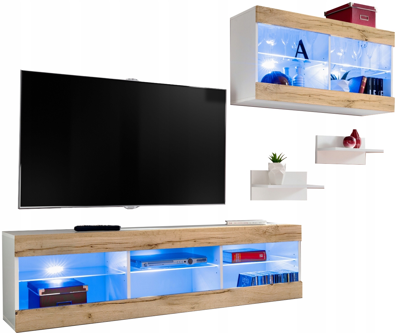 Sada nábytku Rtv Tivoli SET3 Biela/dub wotan, modré Led diódy
