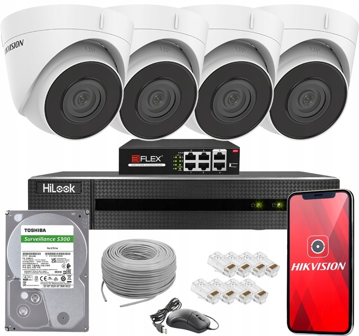 Sada Kamer Hikvision 4 Kamery Ip 4Mpx Ir 30M PoE Nvr Disk 2TB