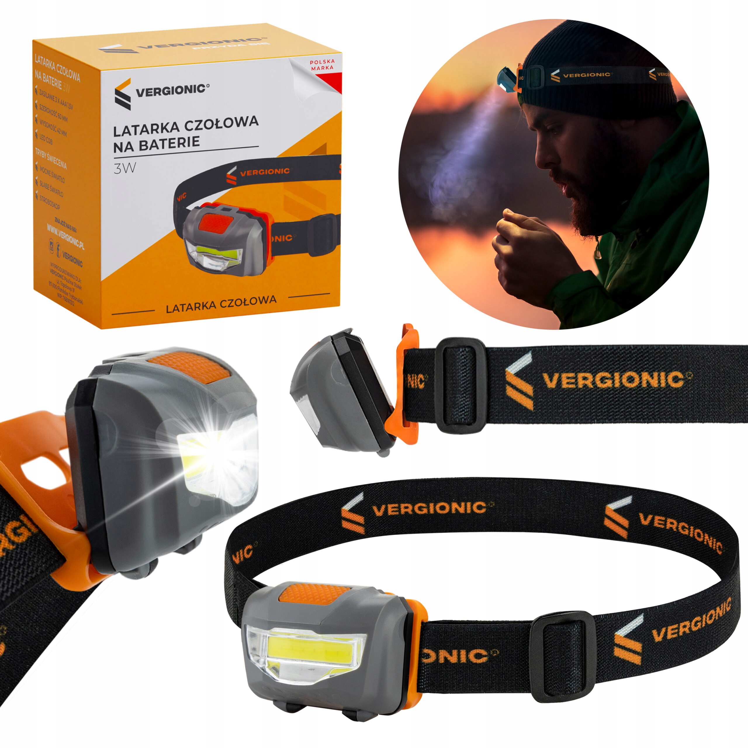 Latarka czołowa LED na baterie 3W Marka Vergionic