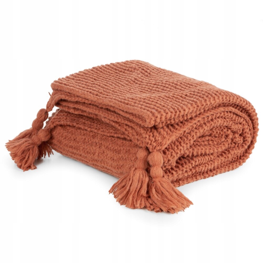 Koc 130X170 ceglany z plecioną strukturą i frędzlami