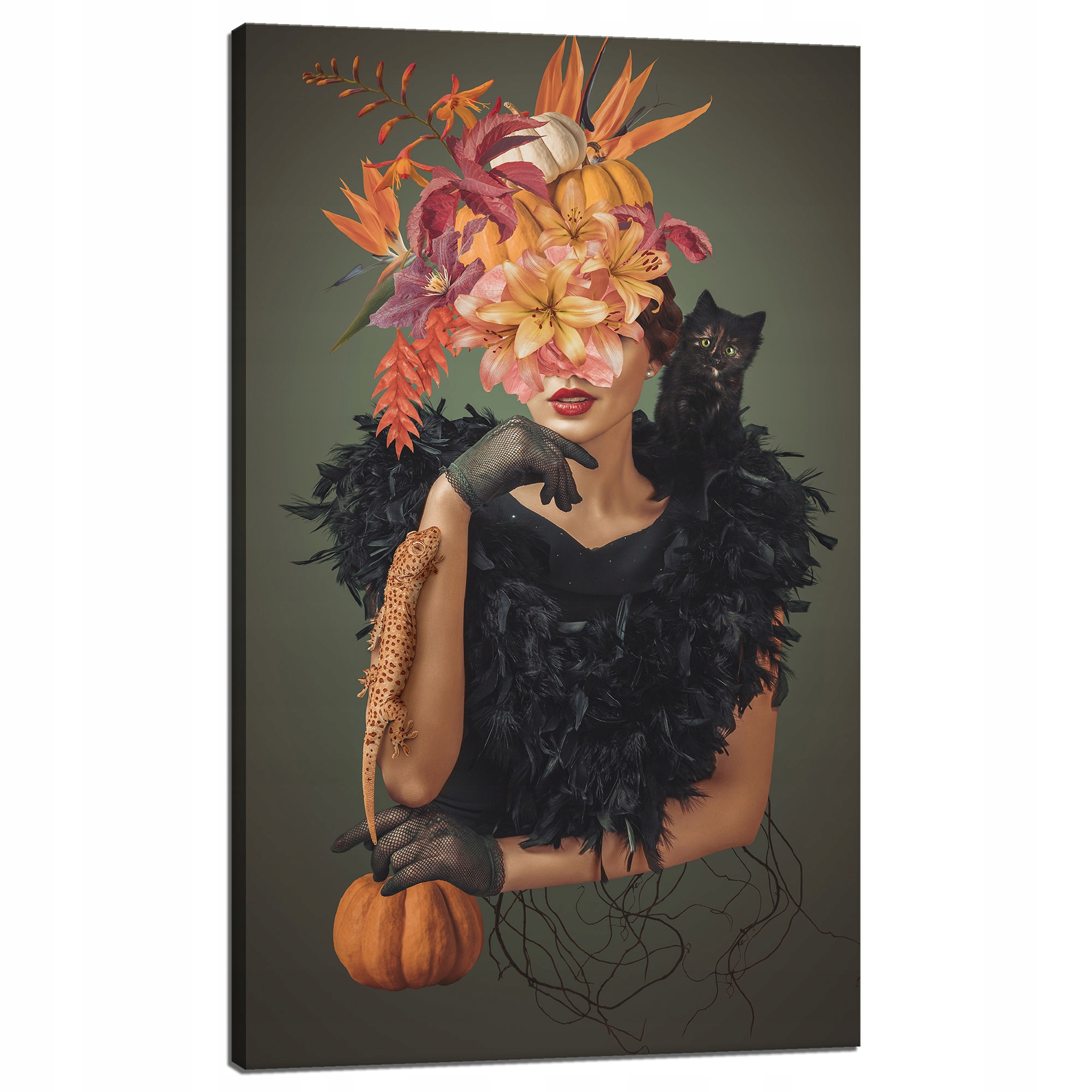 Obraz na plátně Dáma s kočkou Květiny Černá 60x100 cm Ideální jako dárek