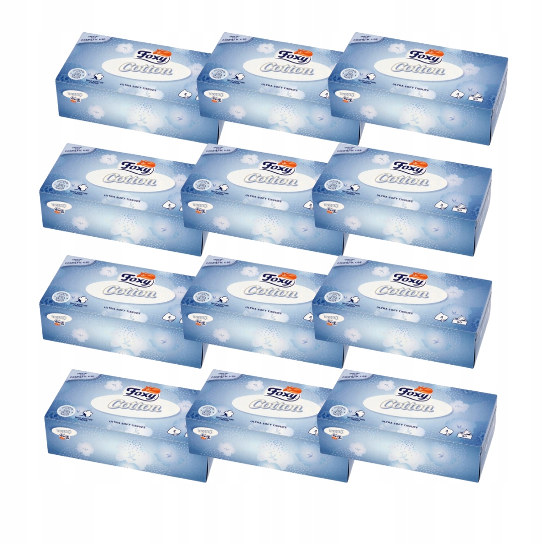 Zestaw x12 Foxy Cotton Chusteczki 3-Warstwowe 90Szt Ultra Miękkie Delikatne