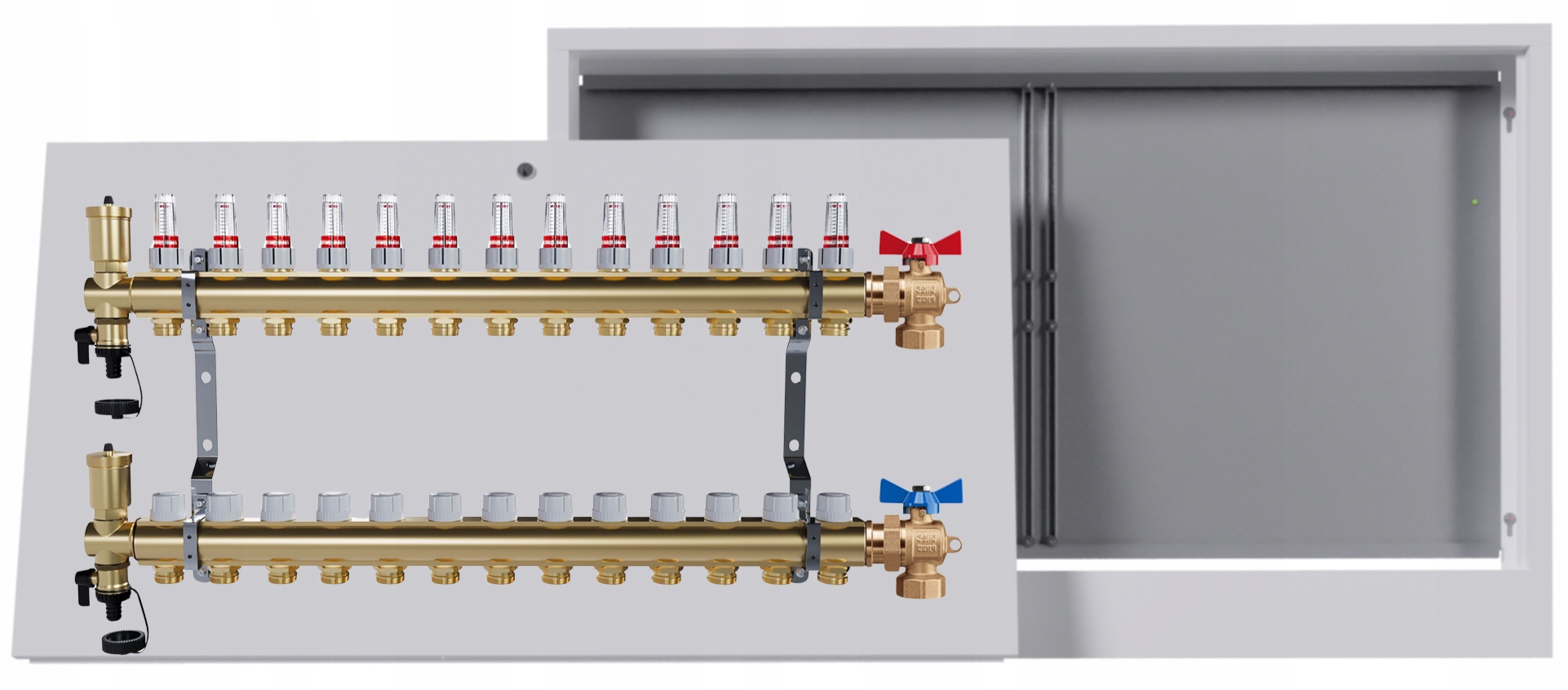 Mosazný rozdělovač podlahových krytin 13 okruhů nástěnná skříňka Kulový Kohout