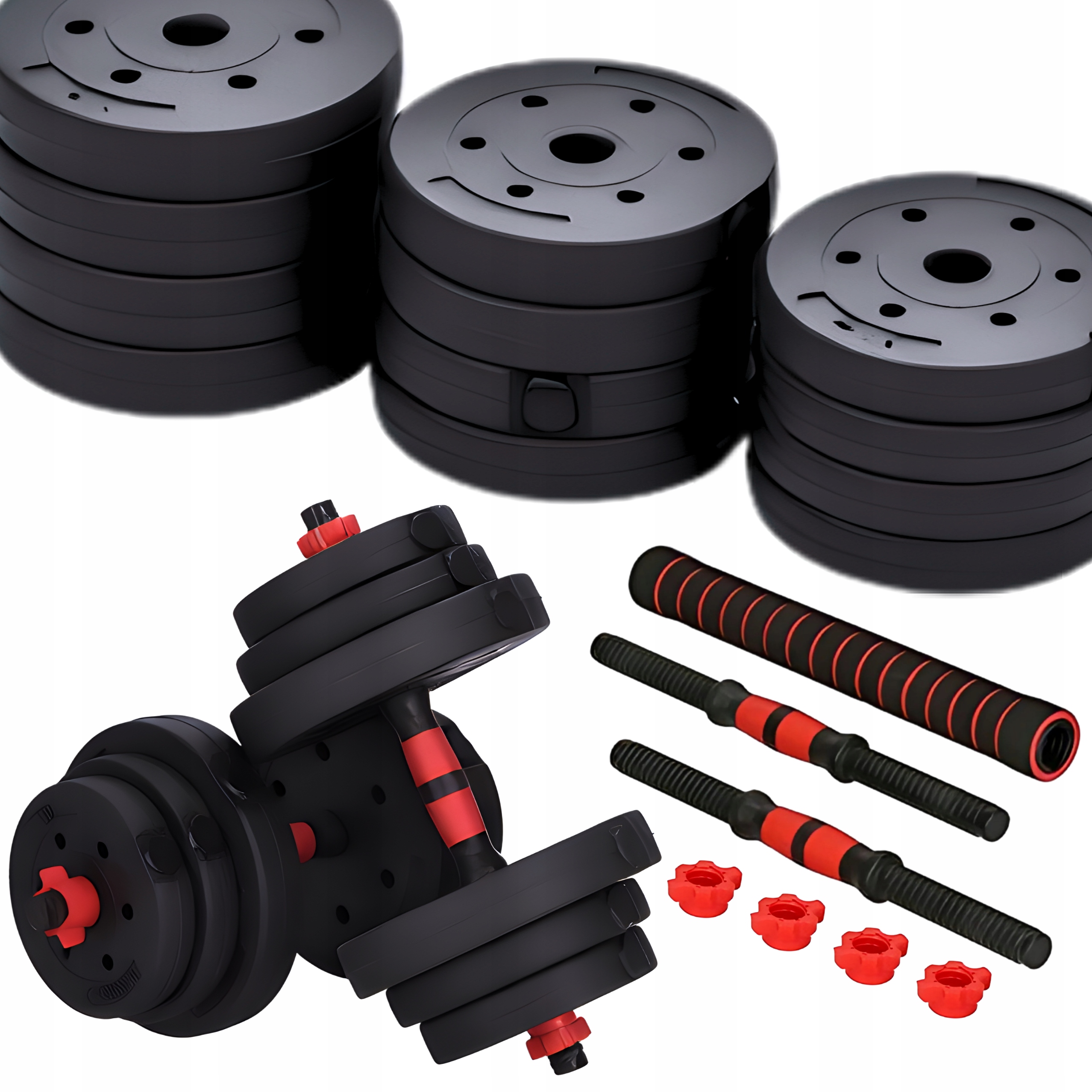 Hantle bitumiczne 2x20kg Zestaw do treningu siłowego 40kg Elementy zestawu gryf krótki gryf prosty talerze/obciążenia