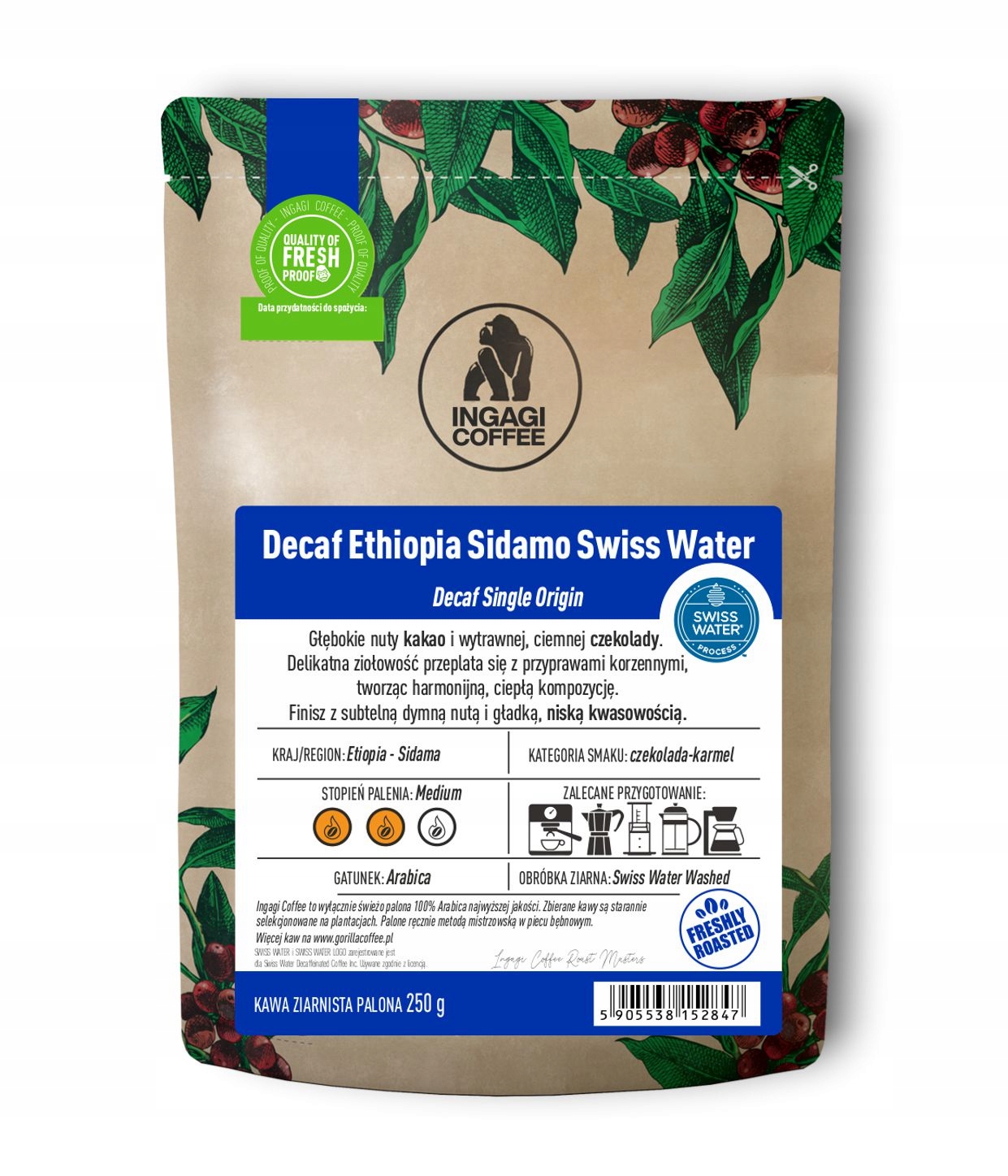 Káva bezkofeinová Etiopie Sidamo Swiss Water 1 kg zrnková
