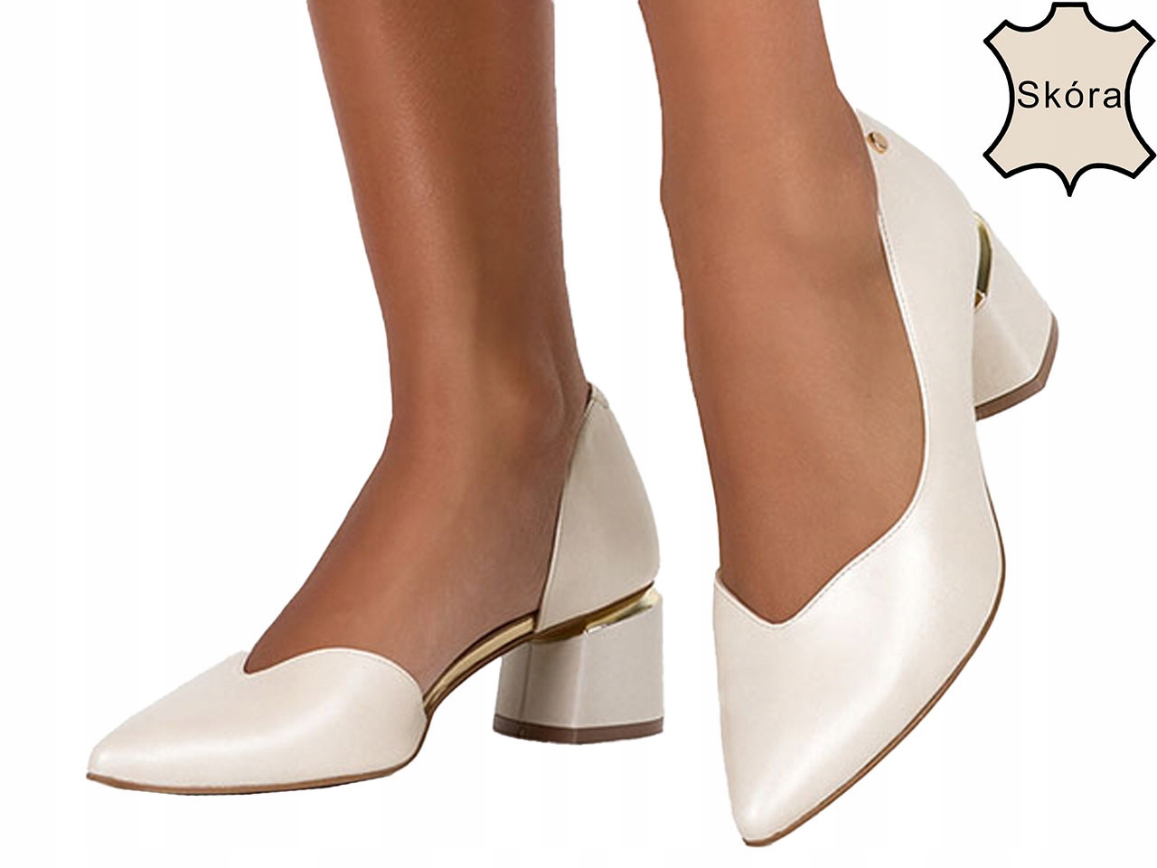 CZÓŁENKA SKÓRZANE NA NISKIM OZDOBNYM OBCASIE r 35