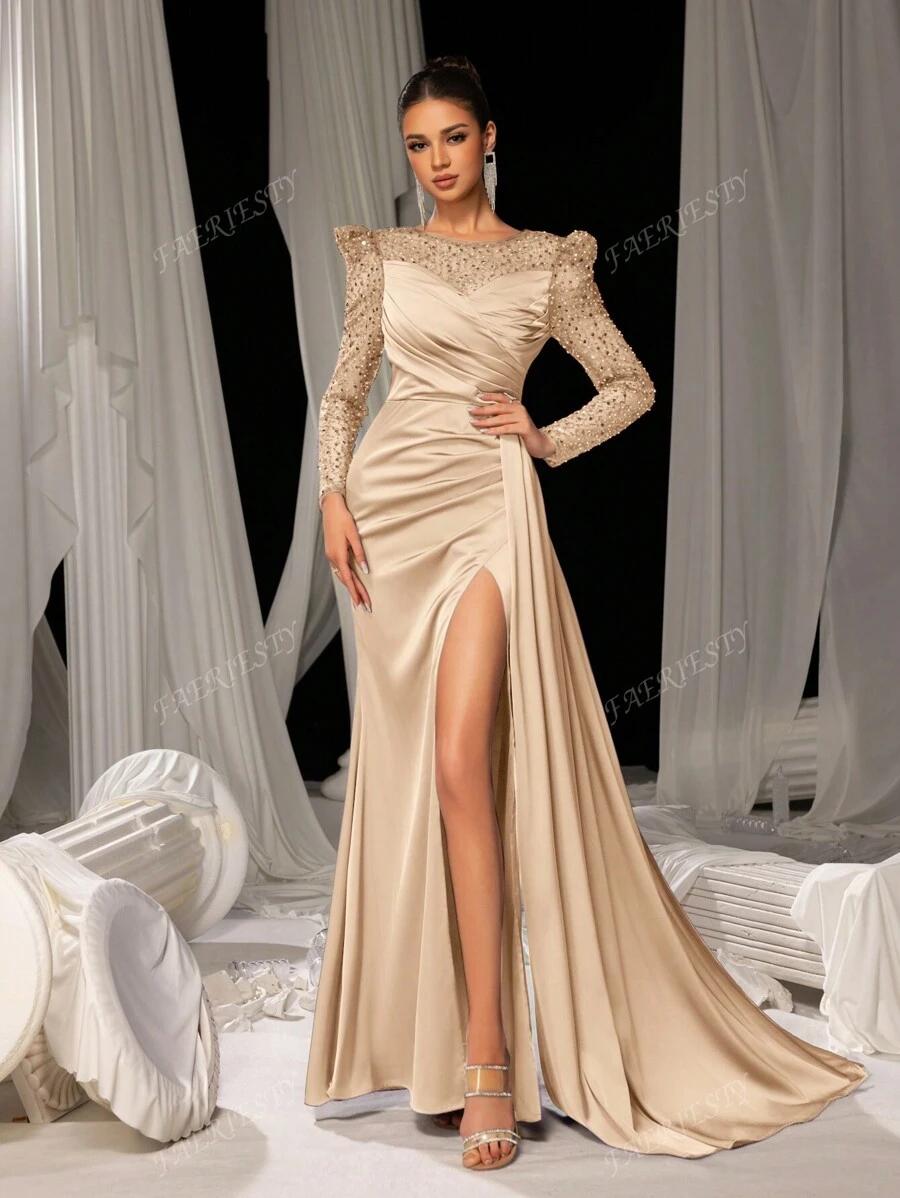 ZC56313 Faeriesty Saténová Plesová Šaty Maxi Flitry Rozparek (15) Xs