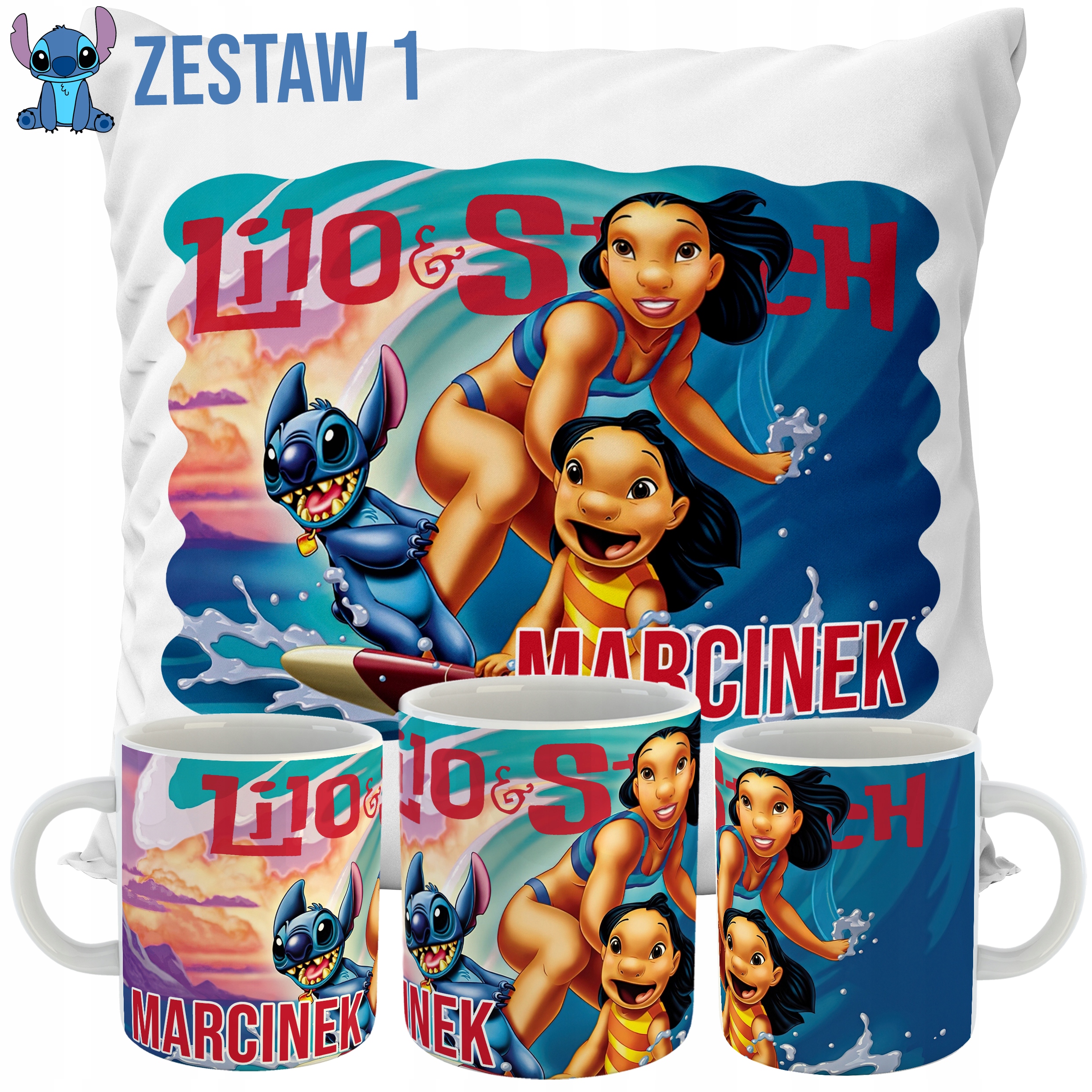 ZESTAW PODUSZKA + KUBEK LILO I STITCH IMIĘ PREZENT WZORY Długość 40 cm