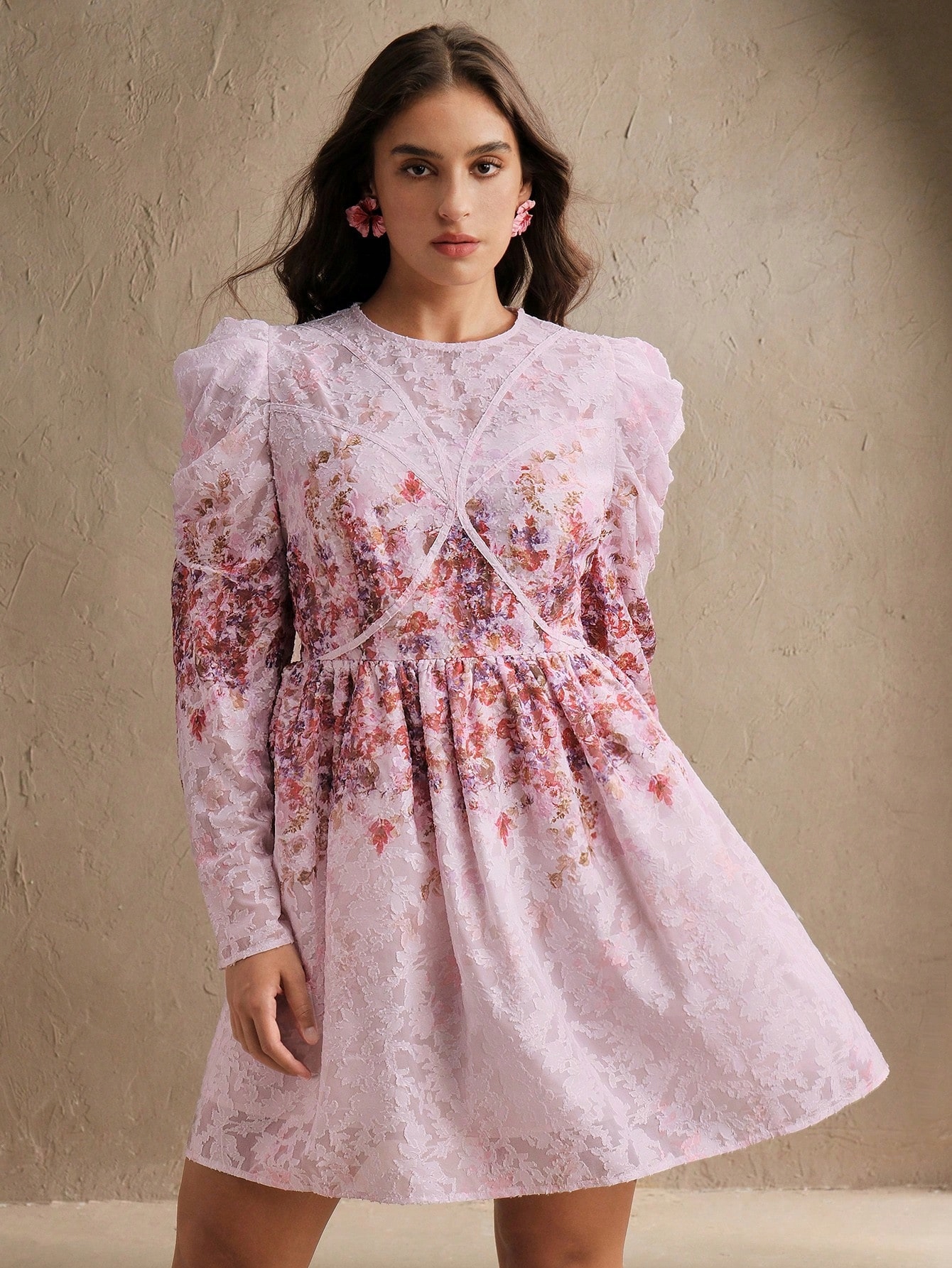 Šaty Růžové S Květy A Bufetovým Rukávem Anewsta XXL 44