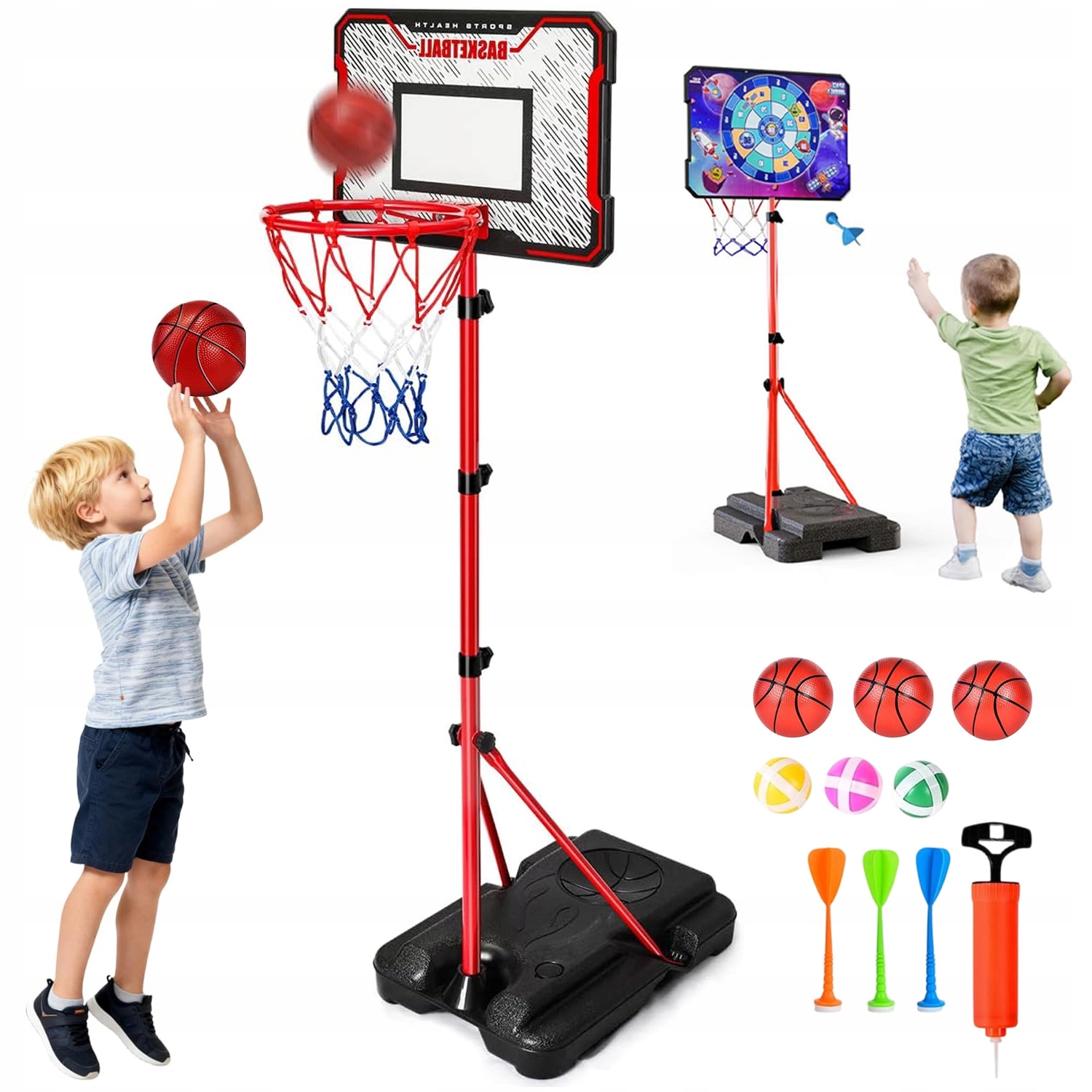 Basketbalový Koš Stojící, Nastavitelný, Pro Děti Od 4 Let, Terč Na Šipky, Plast