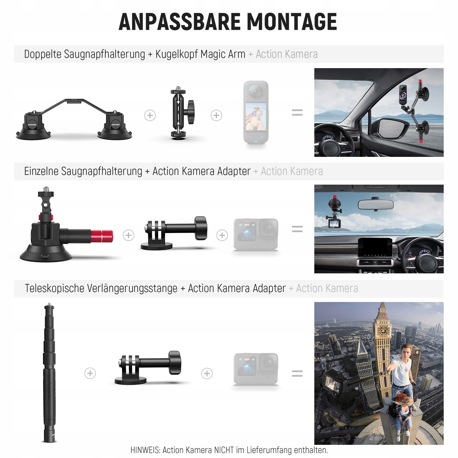 NEEWER Zestaw Trójnóg Samochodowy z Selfie Stickiem i Uchwytami GoPro — miniatura 6