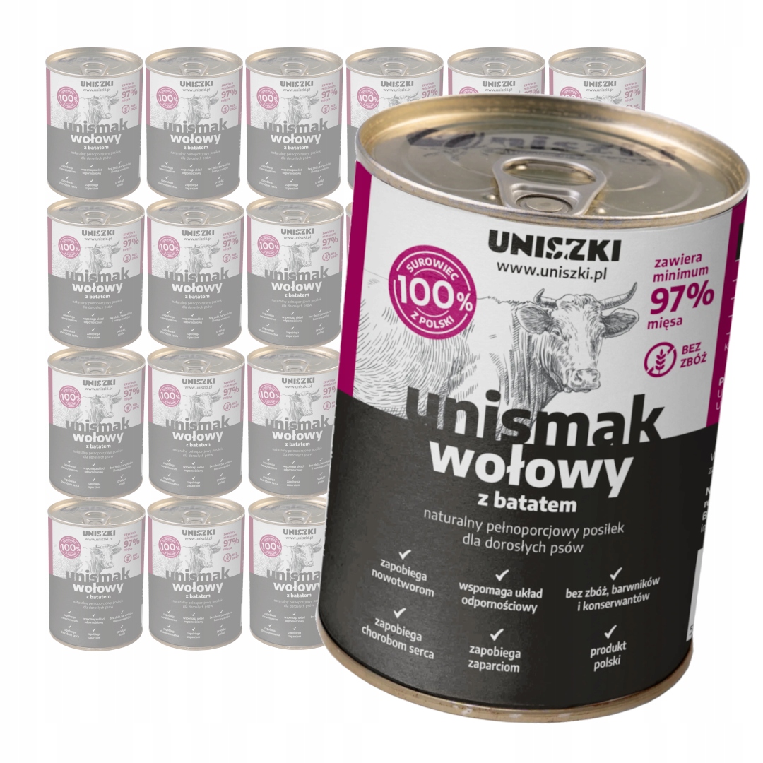 Levně Uniszki Unismak 24x400g Bezobilné Vlhké Krmivo pro psa s hovězím masem a batátem