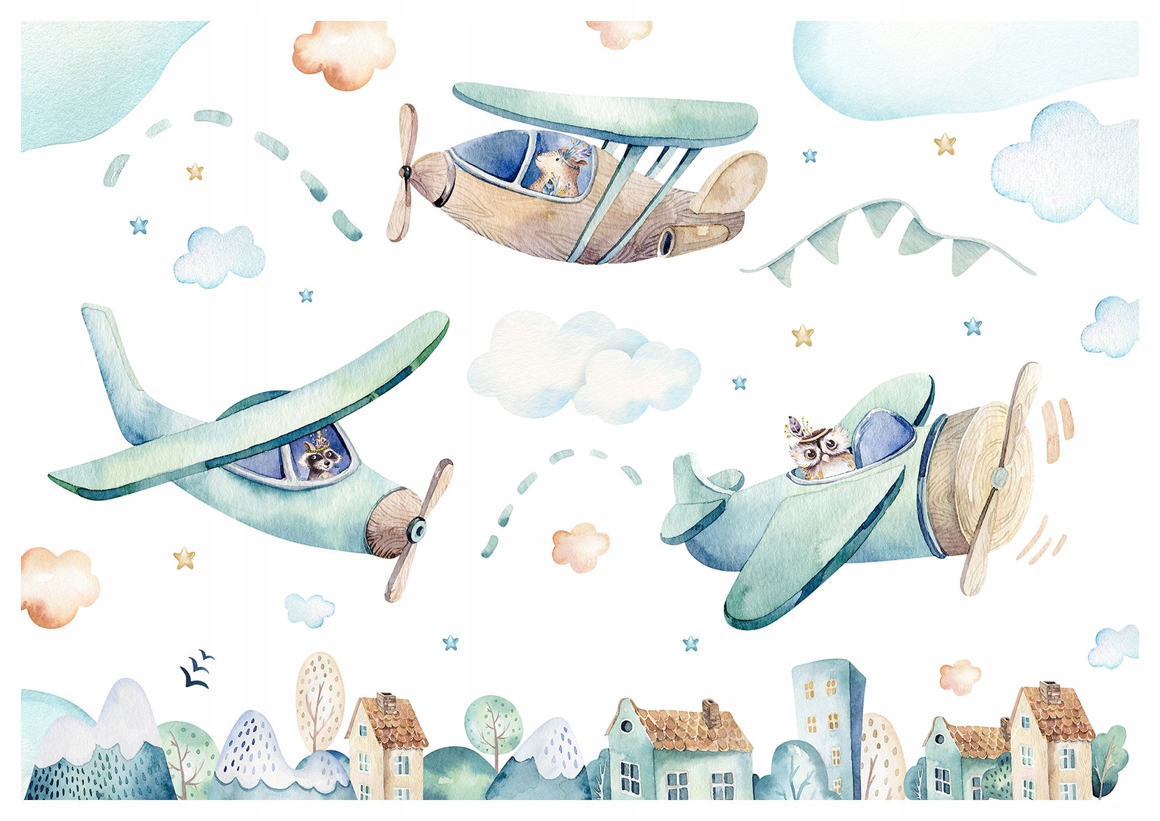 Fototapeta Zvířata v oblacích letadla akvarely pastelové 200x140 lepidlo