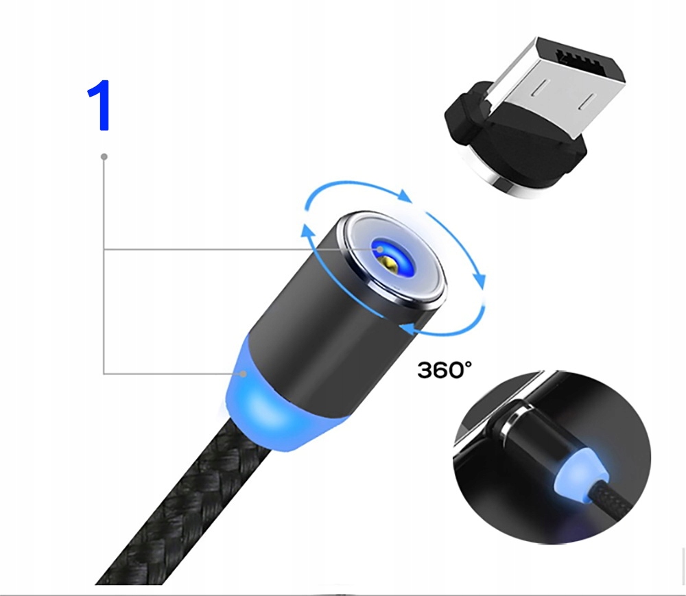 KABEL MAGNETYCZNY ŁADOWARKA DO APPLE MICRO USB C Kolor czarny