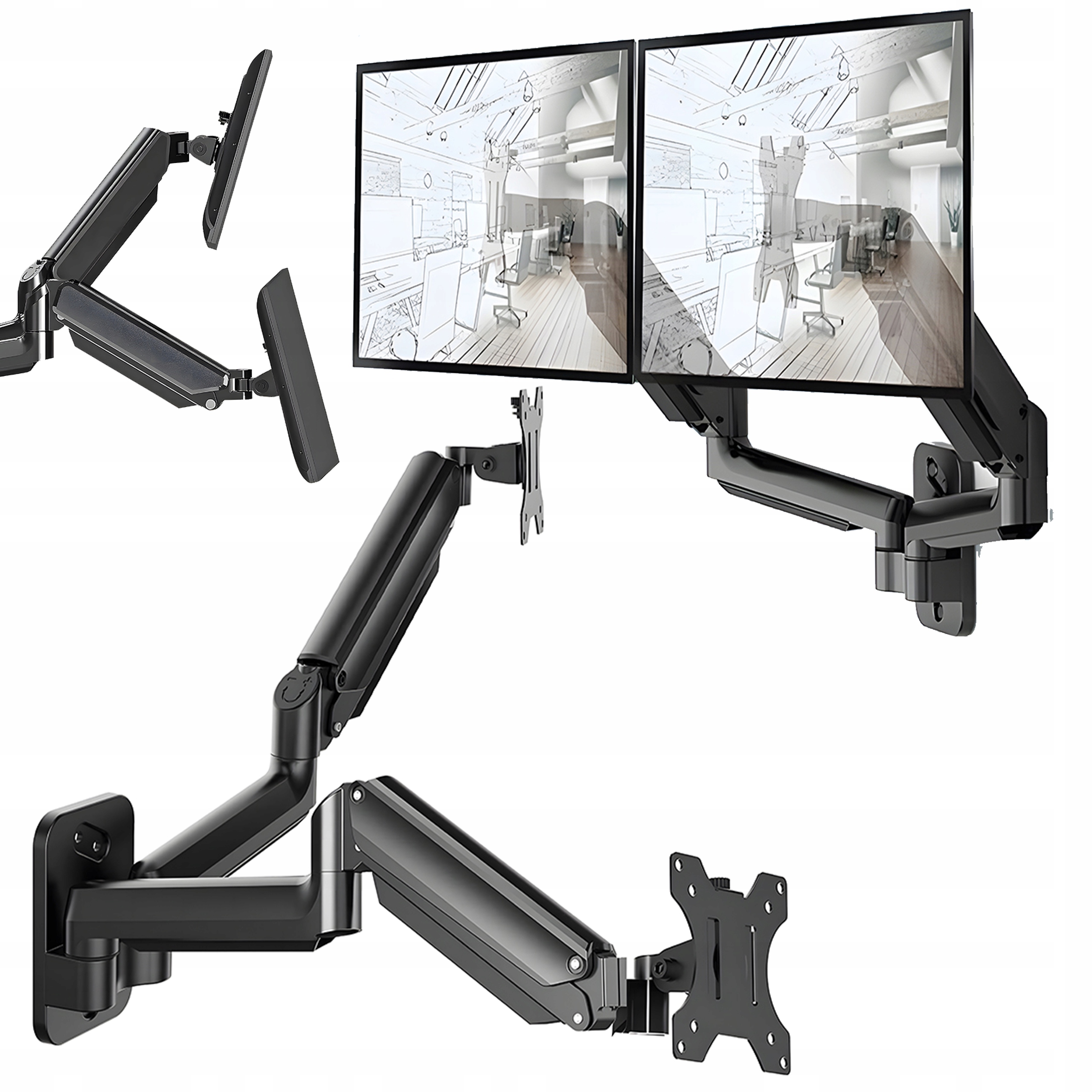 Držiak na dva monitory na stenu čierny Vesa plynová pružina do 9 kg 13"-32"