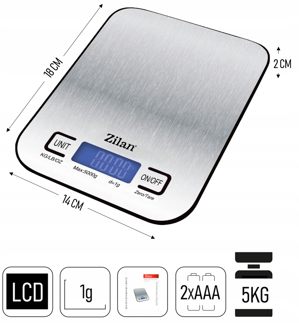 ELEKTRONICZNA PREZYZYJNA WAGA KUCHENNA LCD 5KG Kolor dominujący srebrny/szary