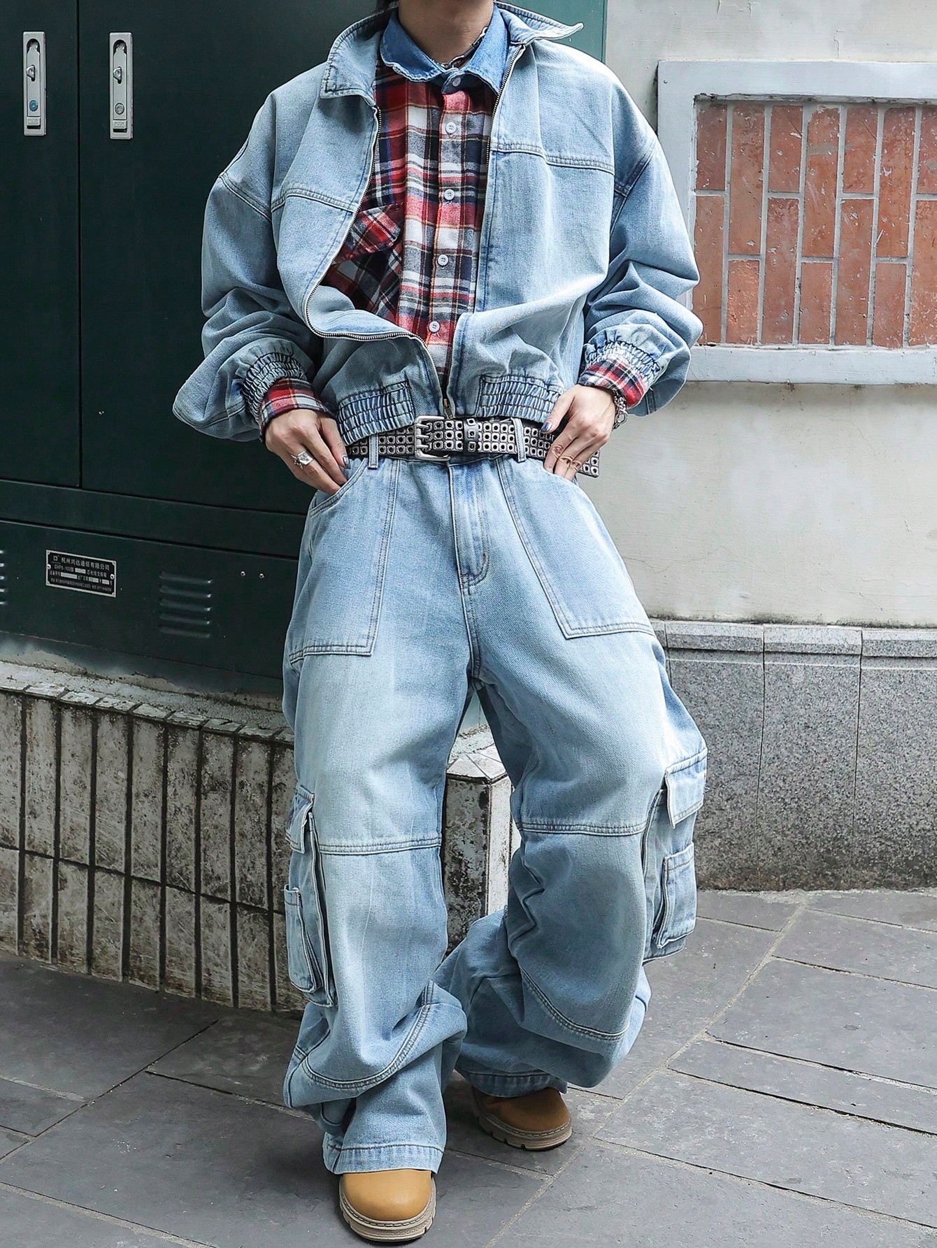 Pánský Džínový Komplet Volný Modrý Casual Katana Kapsáče Shein S