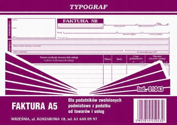 

Druk faktura bez Vat A5 Typograf