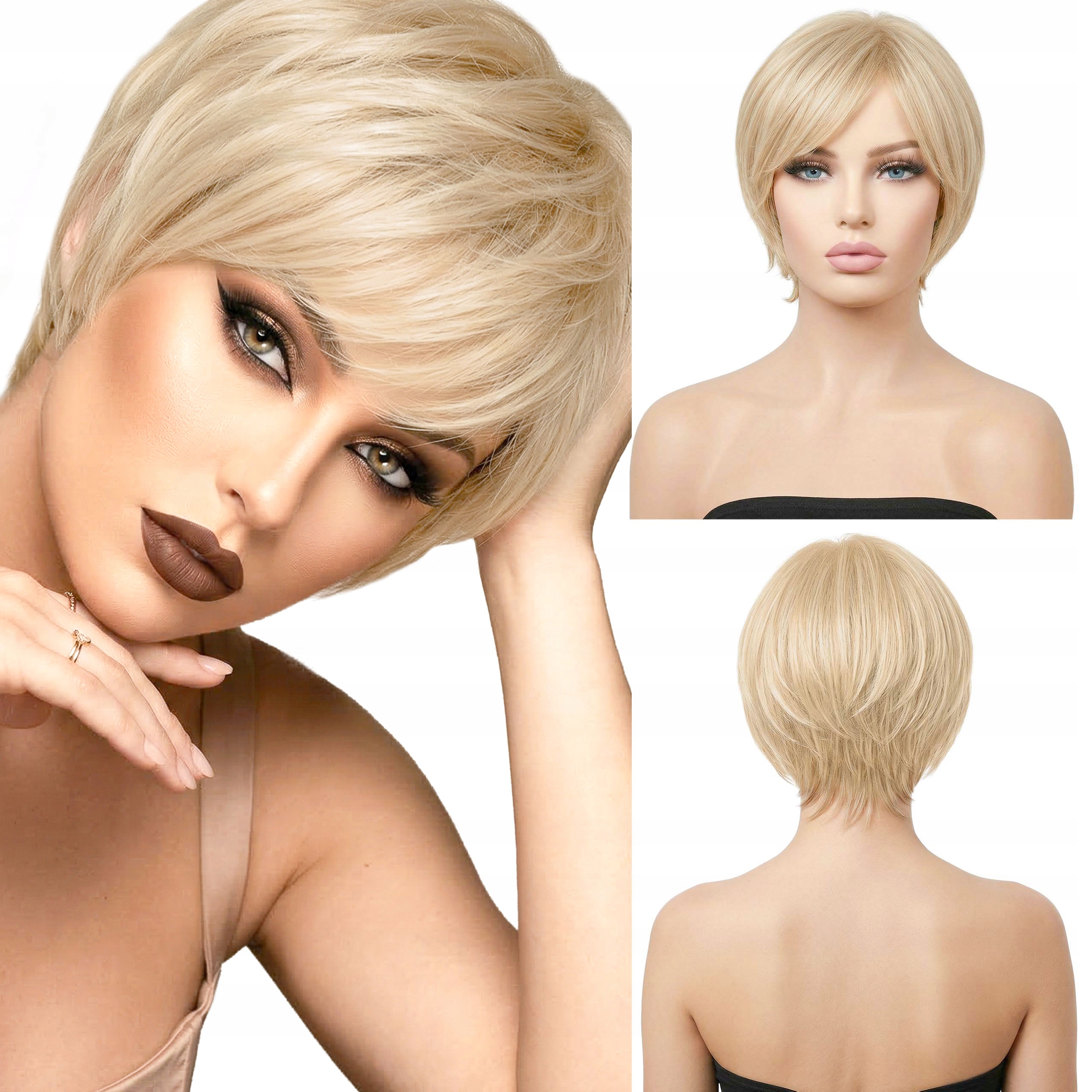 Syntetická paruka s umělými vlasy Pixie cut krátká stínovaná blond