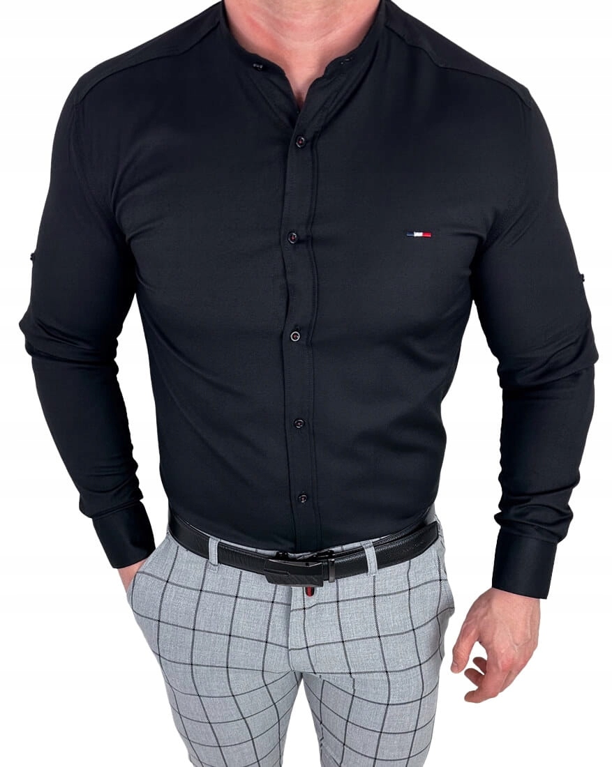 Koszula meska czarna ze stojka slim fit logo XXXL