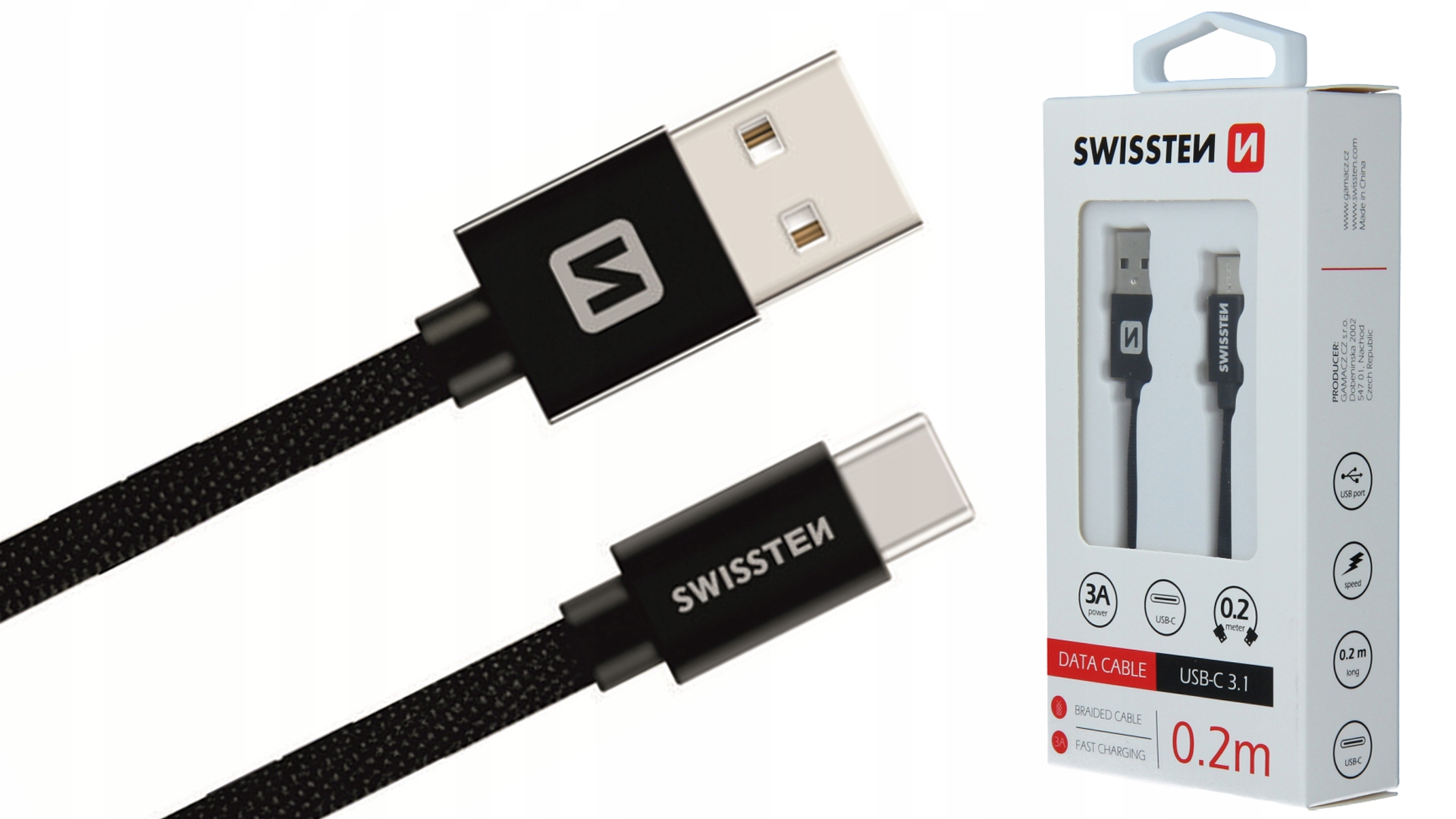 SWISSTEN Kabel do ładowania USB / USB-C 3A 20cm Złącza USB - USB typ C