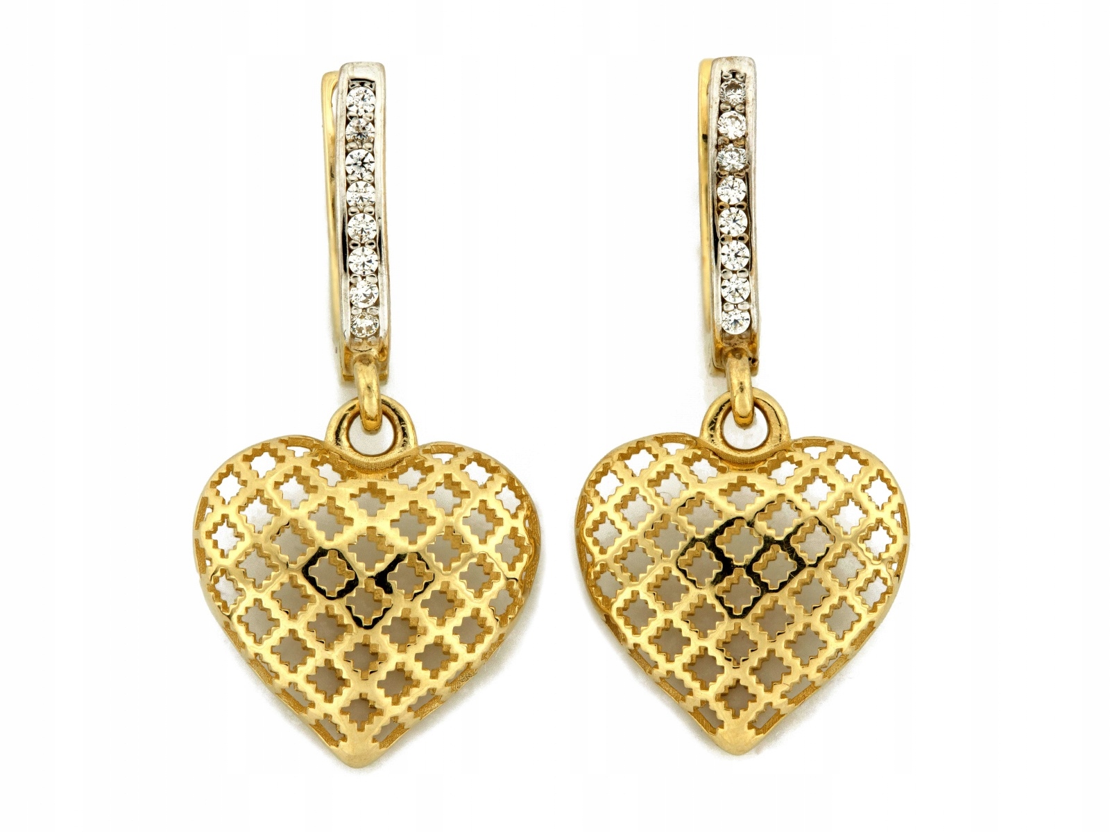 Dámské Zlaté Náušnice 585 se závěsným ažurovým srdcem pro ni