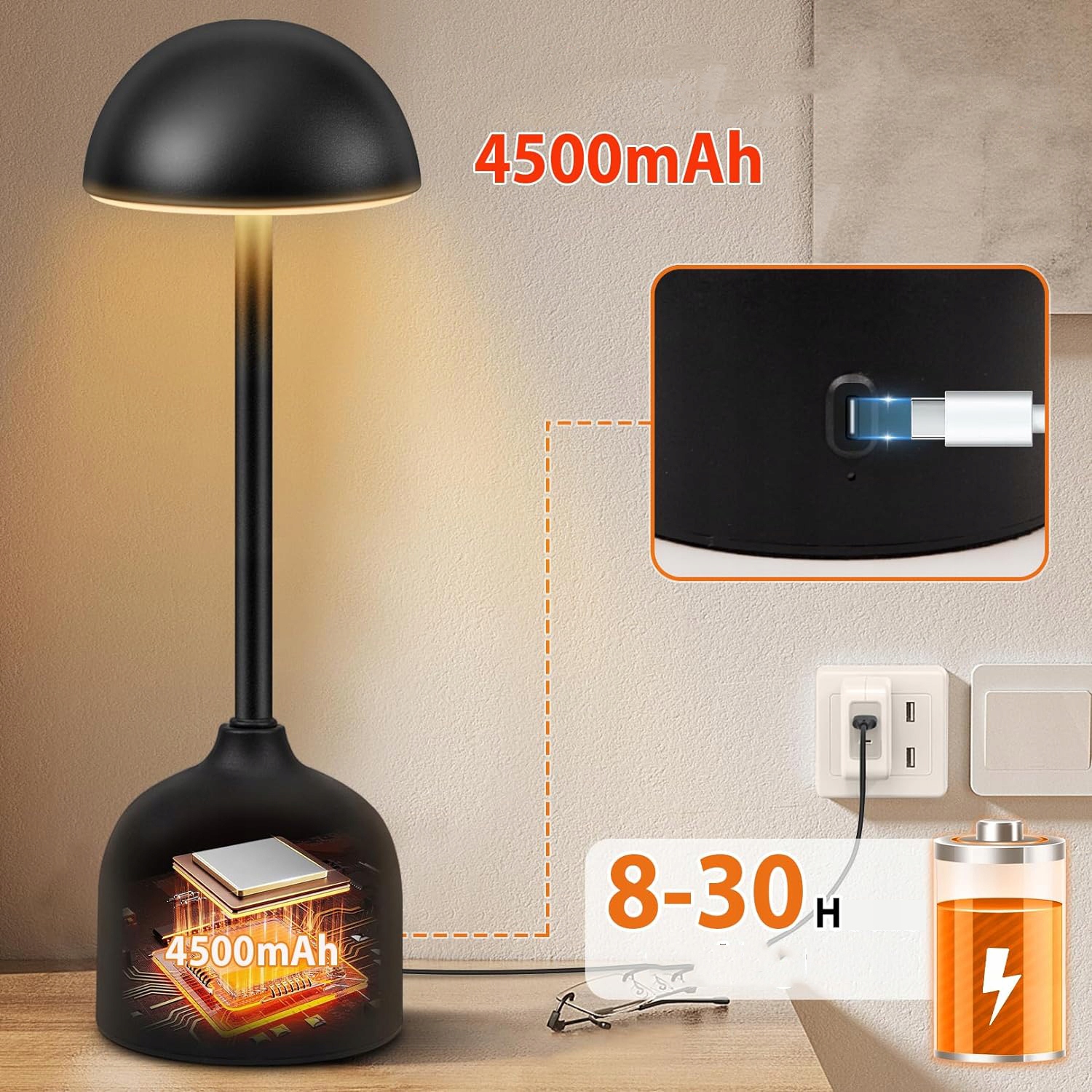 BEZPRZEWODOWA LAMPA STOŁOWA LAMPKA NOCNA DOTYKOWA ŚCIEMNIALNA USB 4500mAh Kolekcja LAMPA STOŁOWA