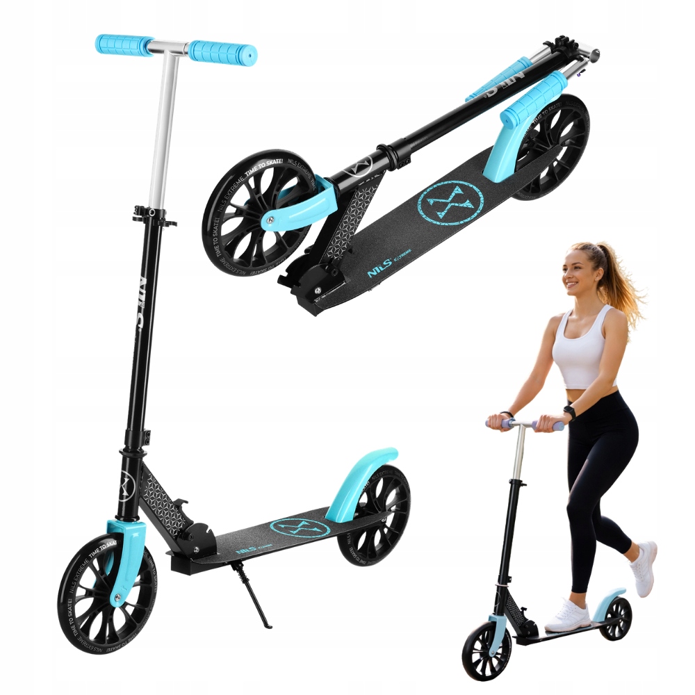 Hulajnoga Składana Miejska Regulowana Dla Dzieci Czarno-niebieska 200 mm