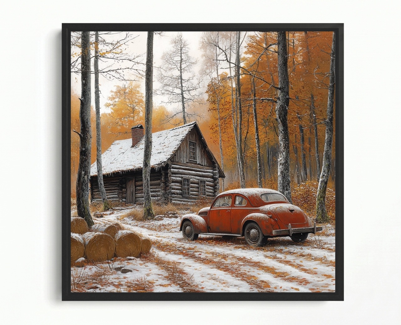 Obraz Rám American Box Zima Sníh Les Dům Chatka Auto Vintage 80x80