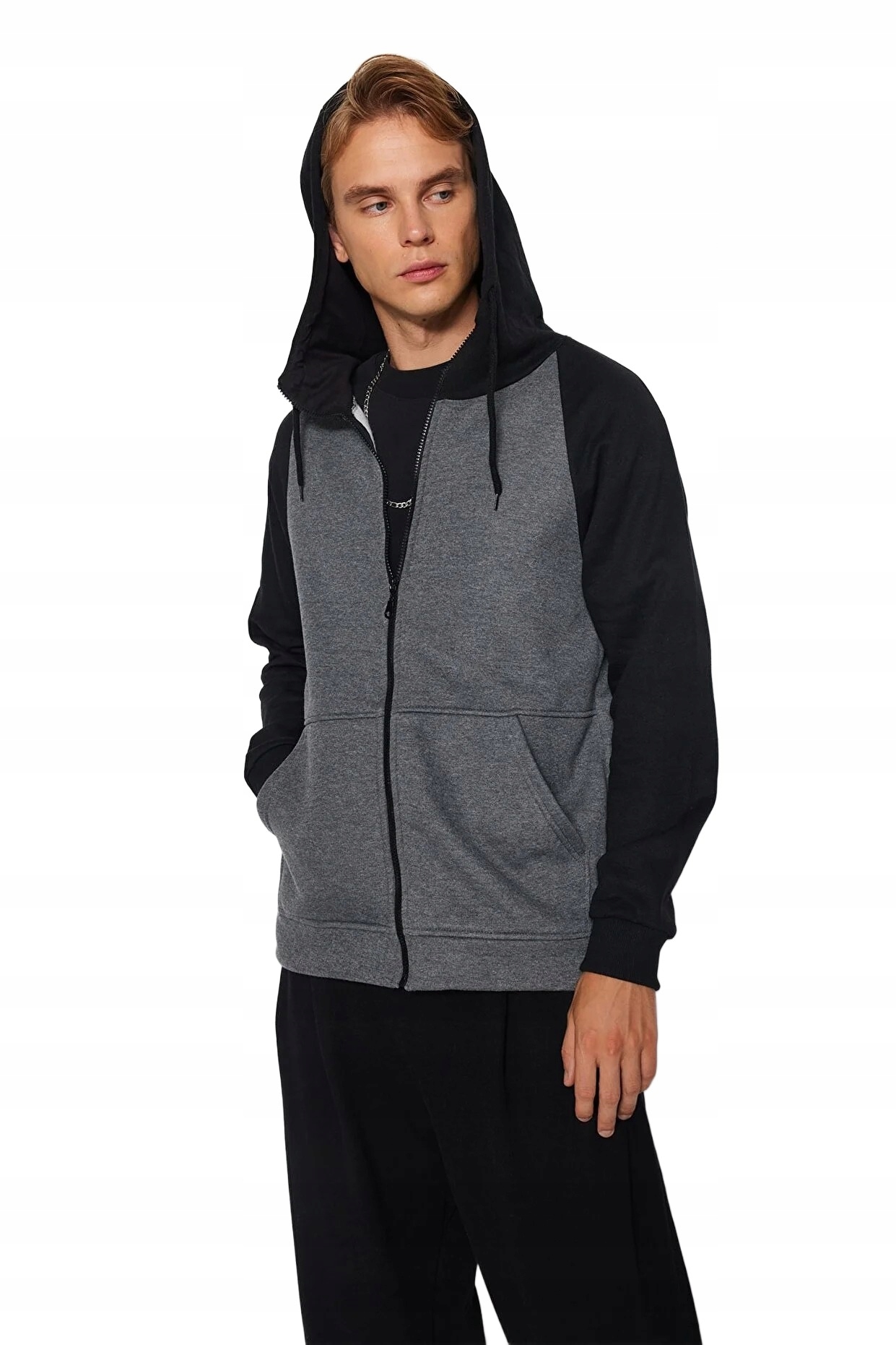 Trendyol Man Pánská Mikina Kapuce S Dvoubarevným Zipem Šedá Černá M 5DA