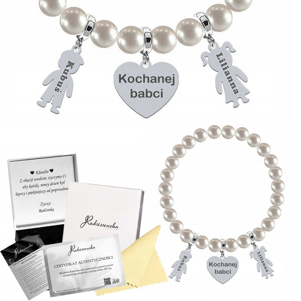Náramek s perlami Jméno dítěte Srdce Stříbro Gravírování Přání Bonus