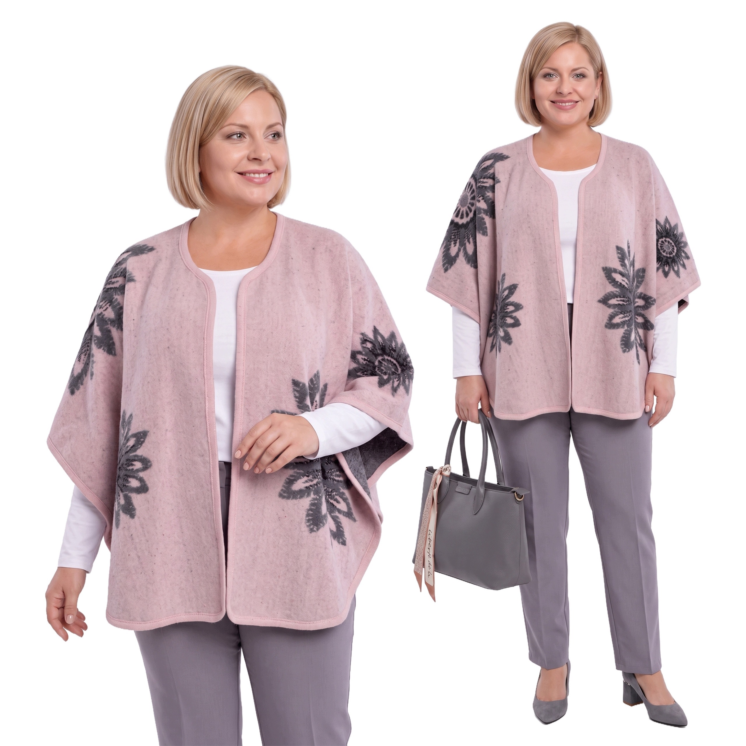 Světle růžový teplý přehoz s květinami plus size velikost Uni.