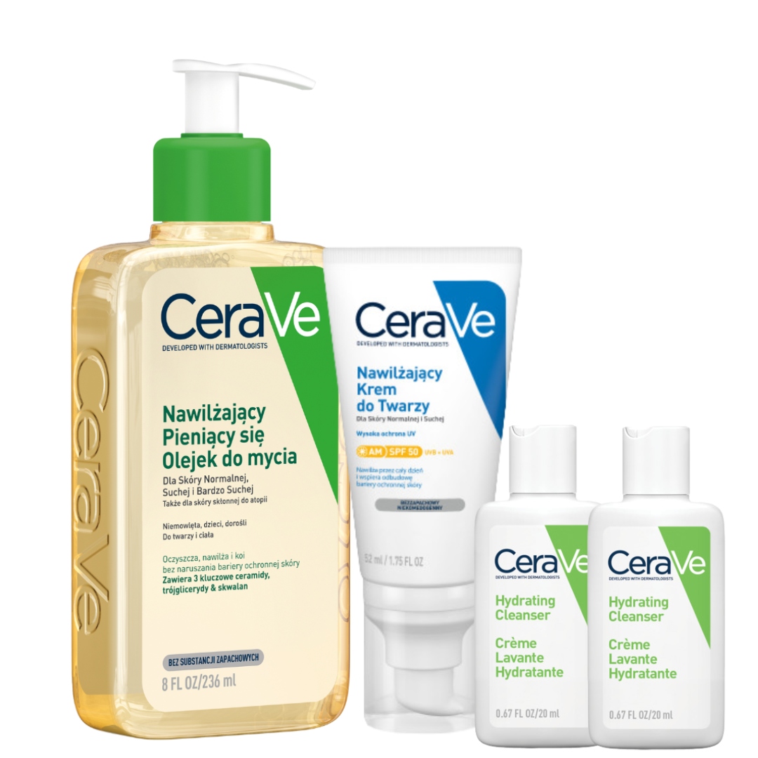 Zestaw CeraVe Nawilżający Krem do Twarzy Spf 50 52ml, Olejek Pieniący Się