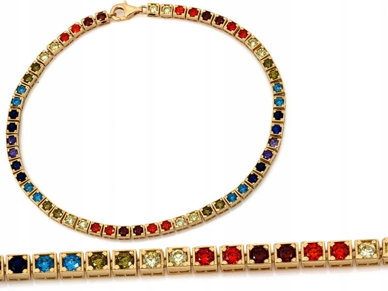 Zlatý náramek 585 tenis s barevnými zirkony, zajímavý vzor jako dárek