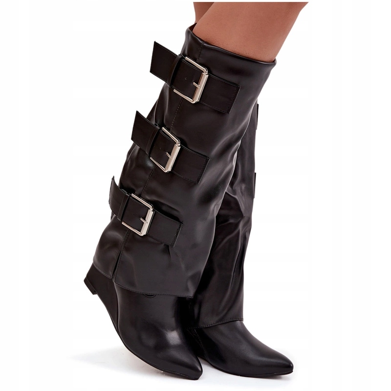 Dámské Kozačky Eko Kůže Ohrnutý Svršek Svršek Přezky Koturn Černé 40