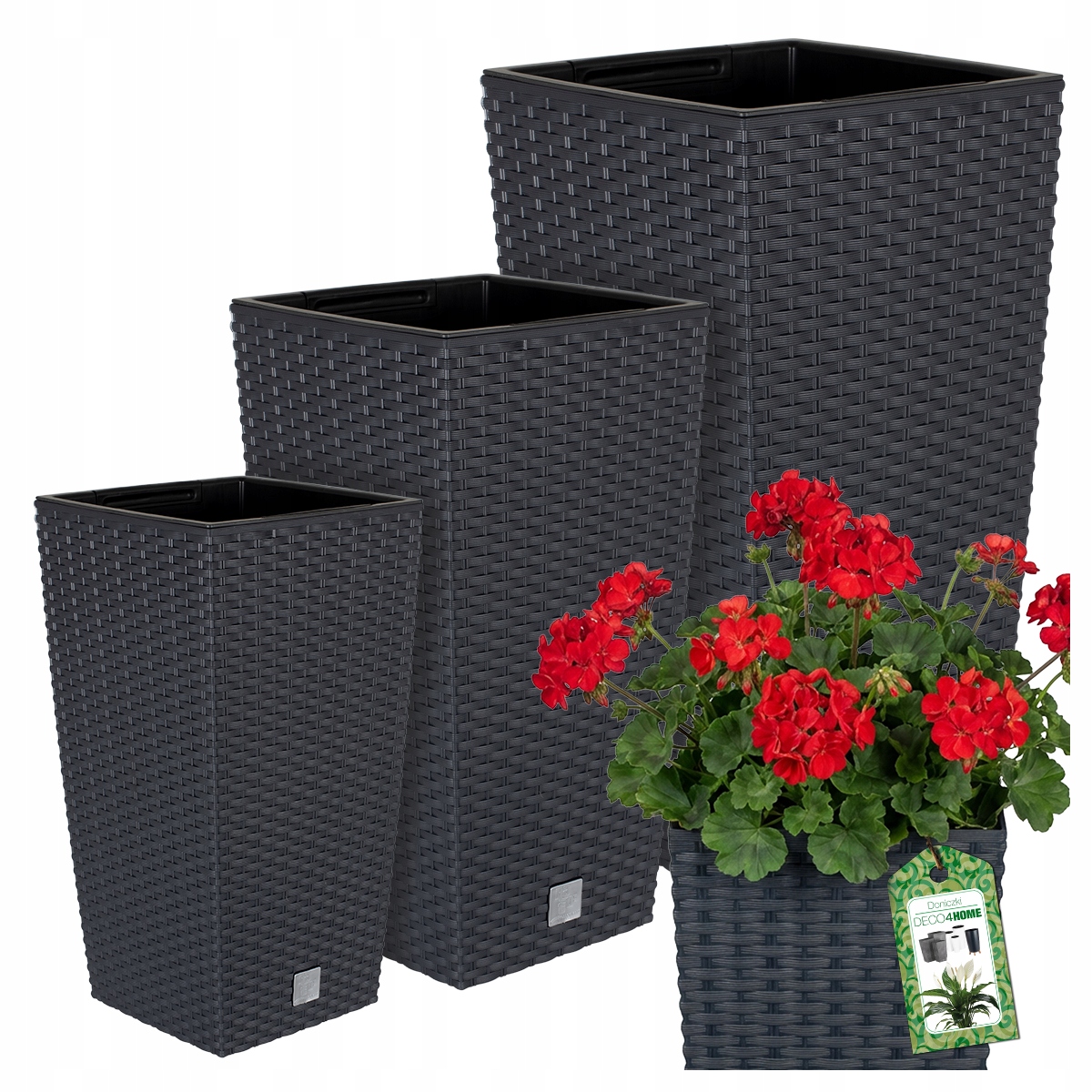 ZESTAW 3x DONICZKA DONICA BALKONOWA OGRODOWA RATTAN KWIETNIK ANTRACYT WKŁAD