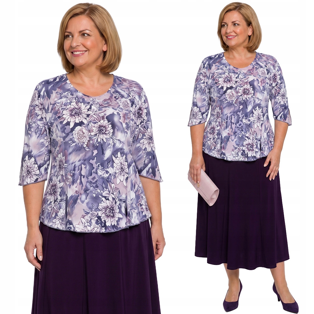 Fialový komplet s květinami plus size velikost 48/50