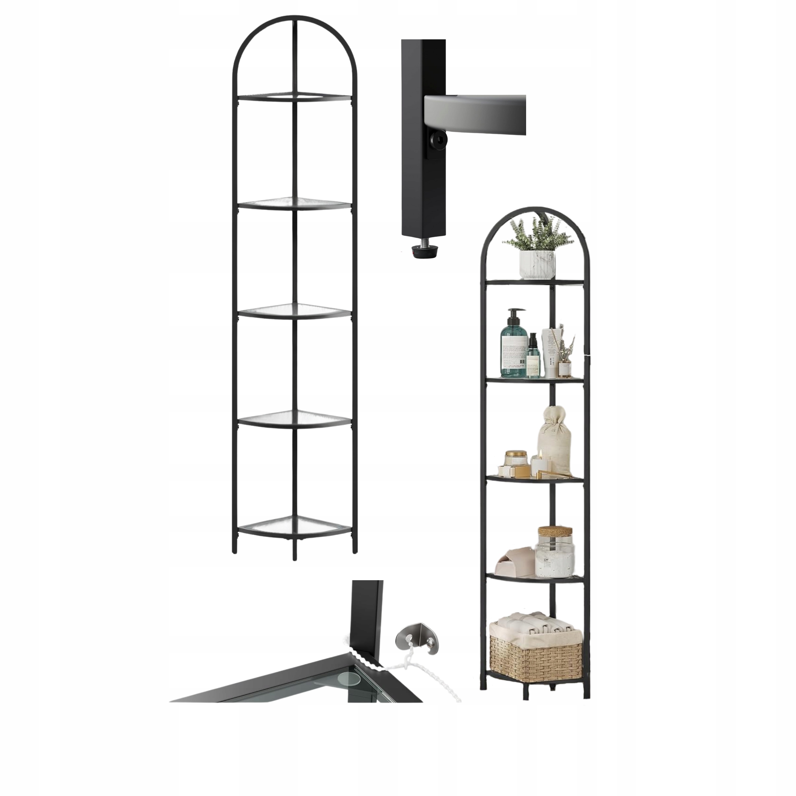 Elegantná čierna sklenená rohová polica 5 úrovní Regál do kúpeľne a obývacej izby