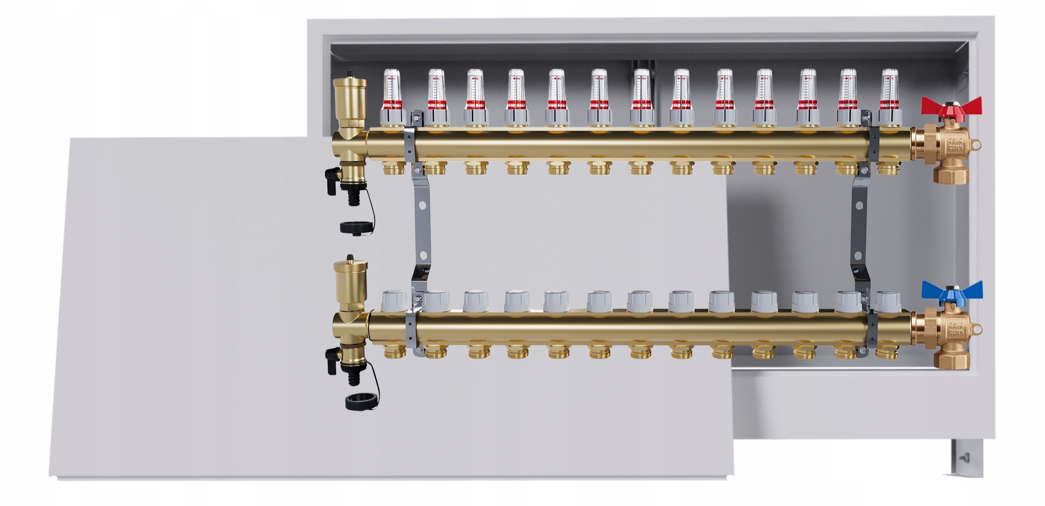 Rozdělovač podlahových krytin mosazný 13 okruhů podomítková skříň 2 ventily